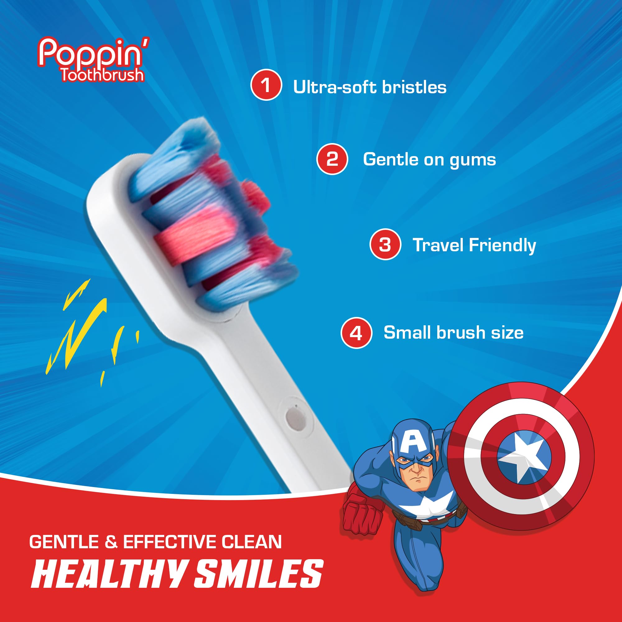 Brush Buddies Capitán América cerdas ultra suaves cuidan encías sensibles