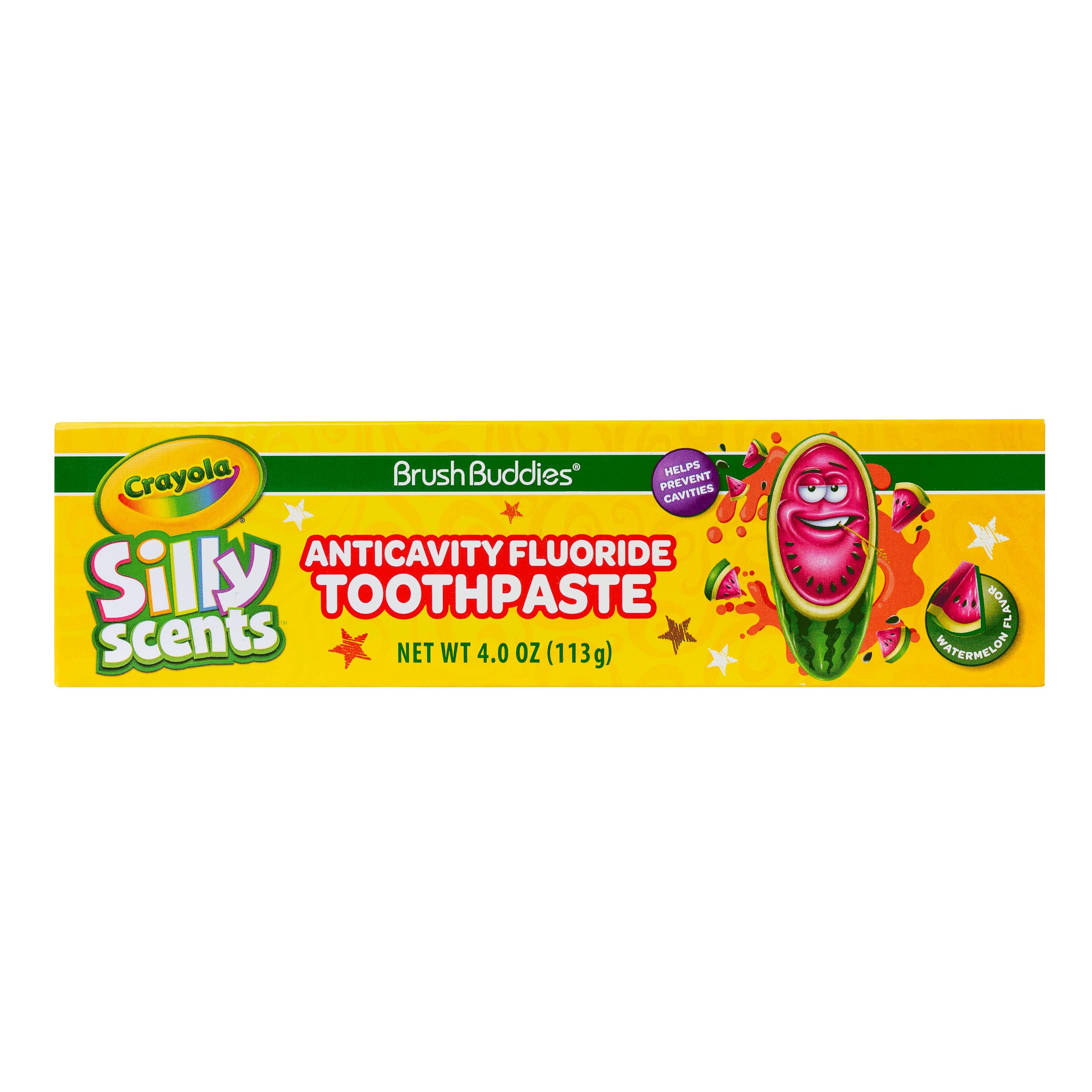 Embalaje de Brush Buddies Crayola Silly Scents pasta dientes, seguro y divertido para niños.