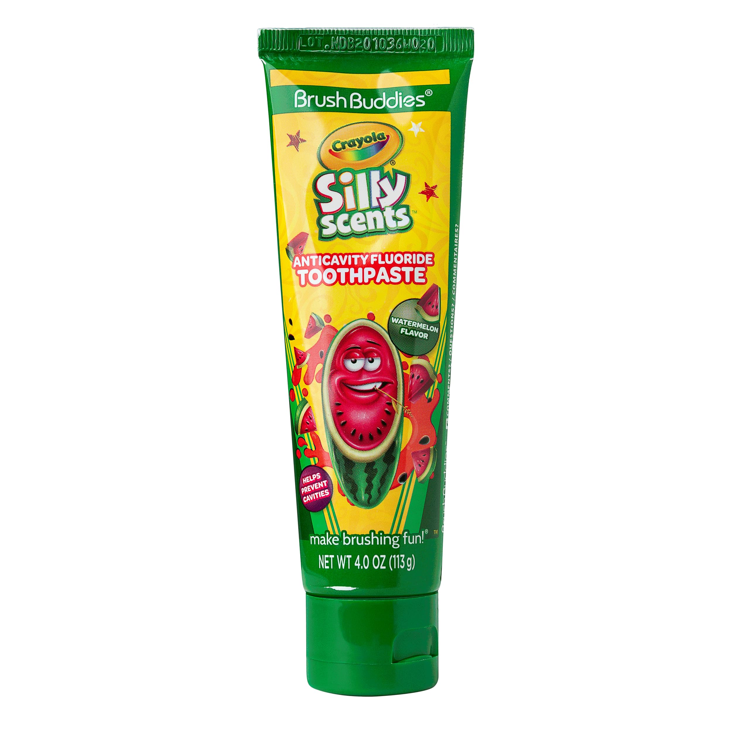 Rótulo de sabor Sandía de Brush Buddies Crayola Silly Scents pasta dientes, experiencia aromática agradable.