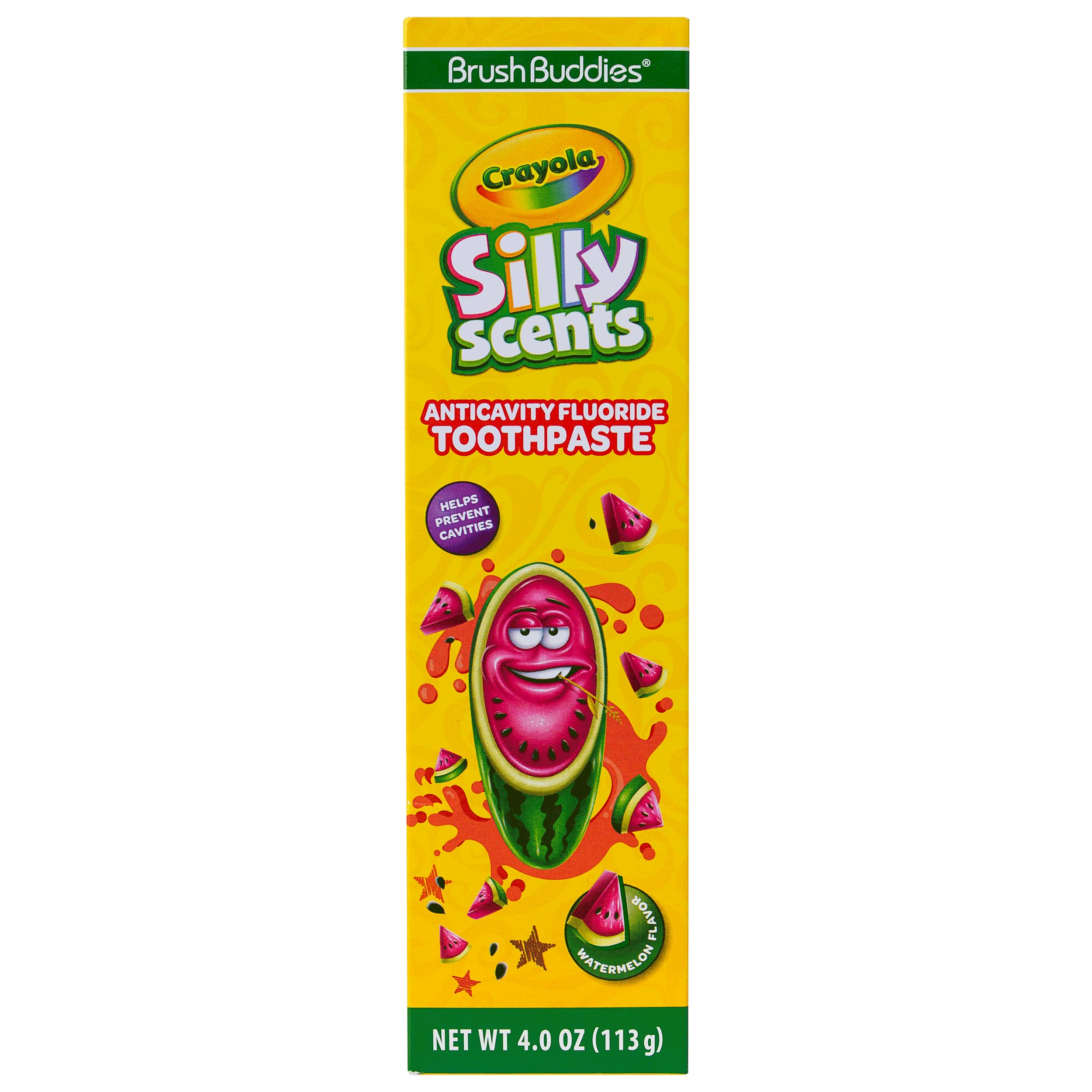 Tubo Brush Buddies Crayola Silly Scents pasta dientes, fácil de abrir y aplicar.