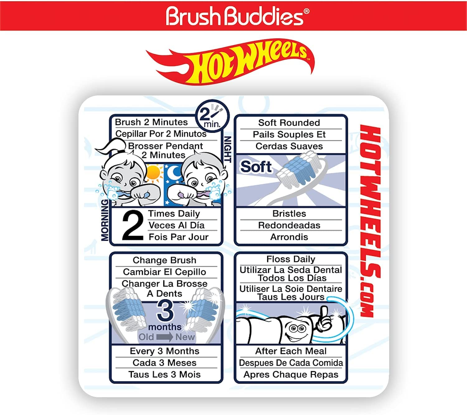 Brush Buddies Hot Wheels rojo, cerdas suaves para delicada limpieza en niños de 2-4 años.