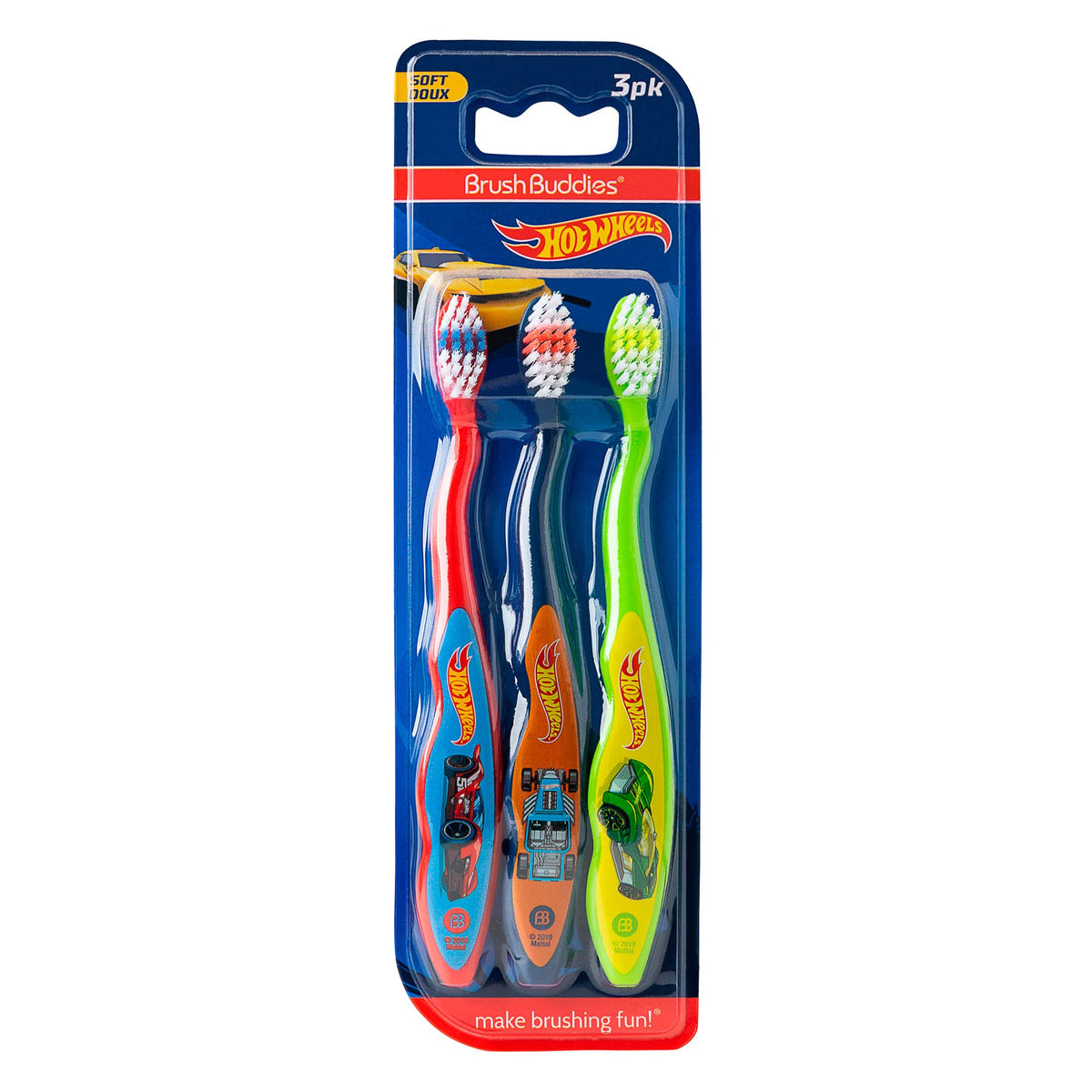 Brush Buddies Hot Wheels con diseños multicolores para iniciar la rutina dental con alegría.