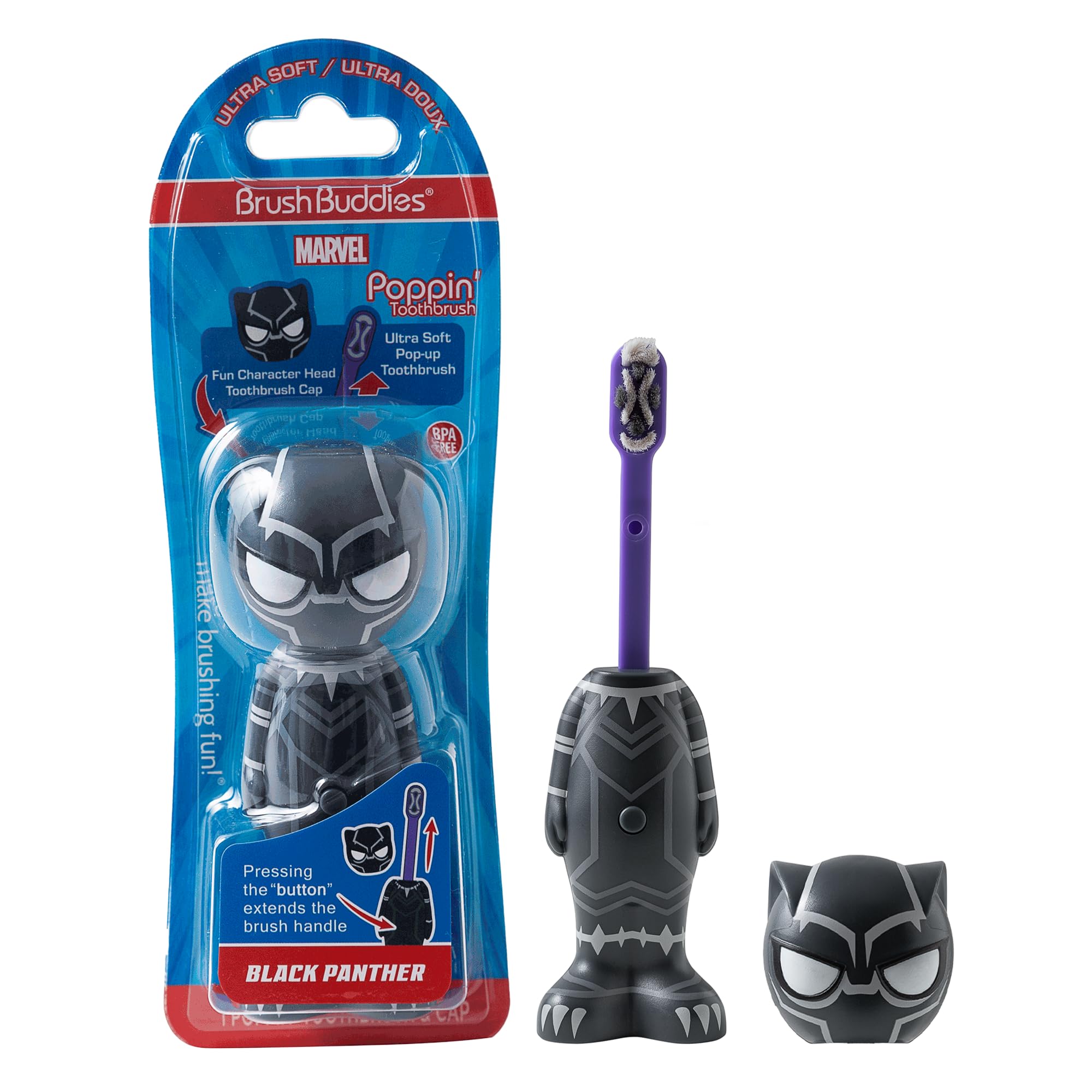 Brush Buddies Pantera Negra cepillo infantil suave para dientes sensibles.