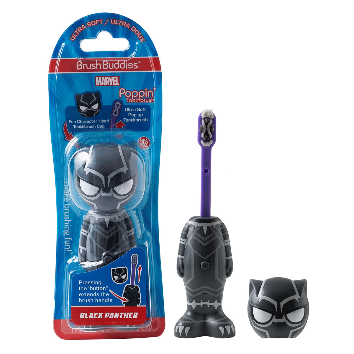 Brush Buddies Pantera Negra cepillo infantil suave para dientes sensibles.