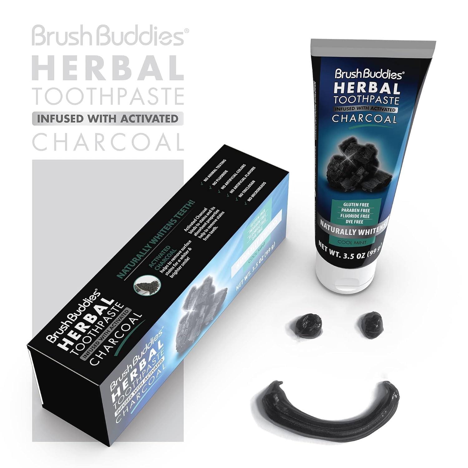 Pasta Brush Buddies con carbón activado, sin fluoruro, para limpieza suave diaria.