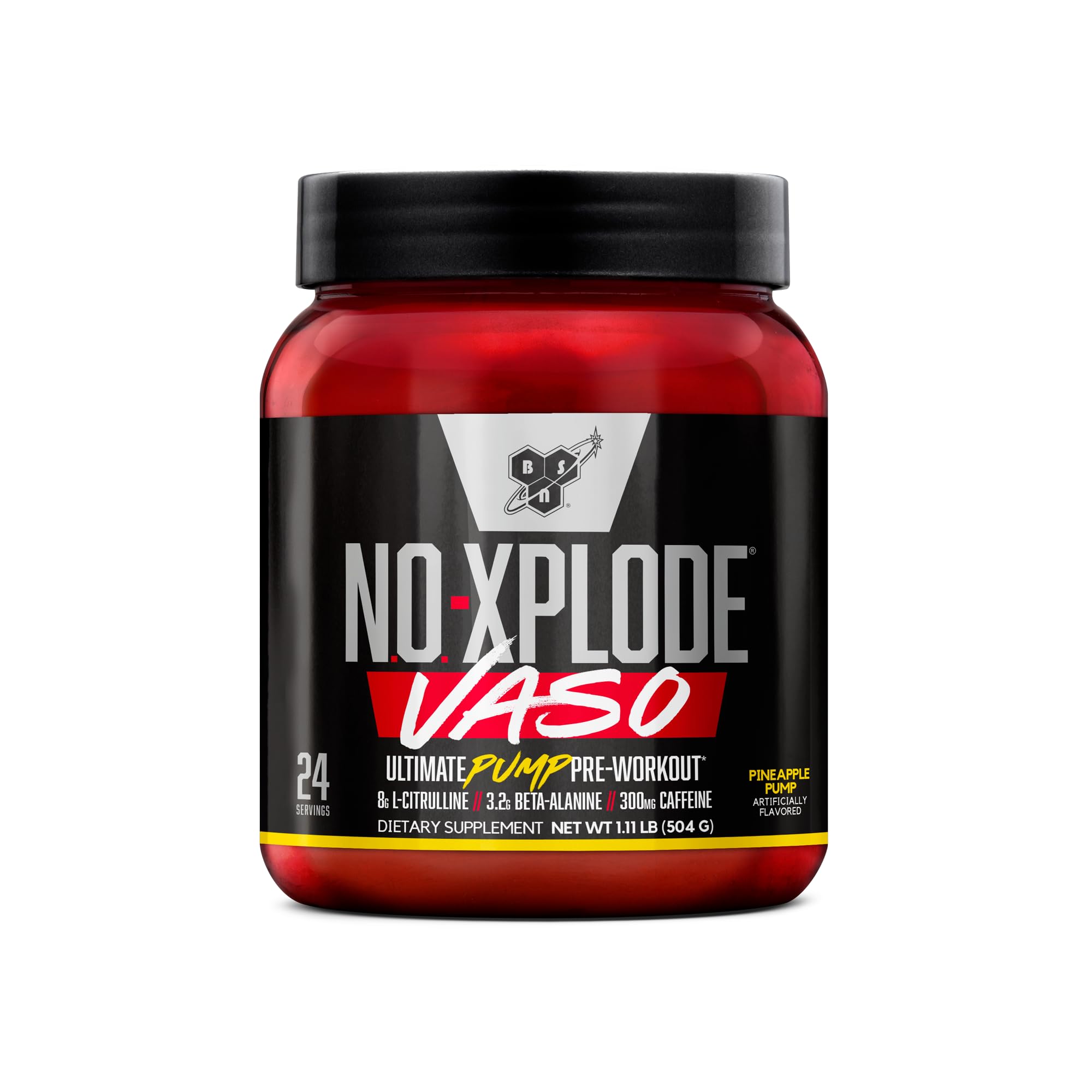 BSN N.O.-XPLODE VASO: envase frontal para identificar sabor Piña y tamaño de porciones