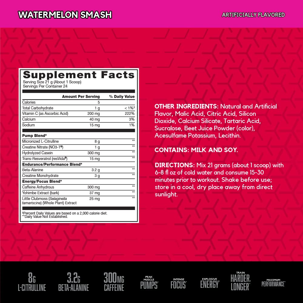 BSN N.O.-XPLODE Vaso Watermelon Smash, cucharón de polvo listo para mezclar y sentir un impulso.