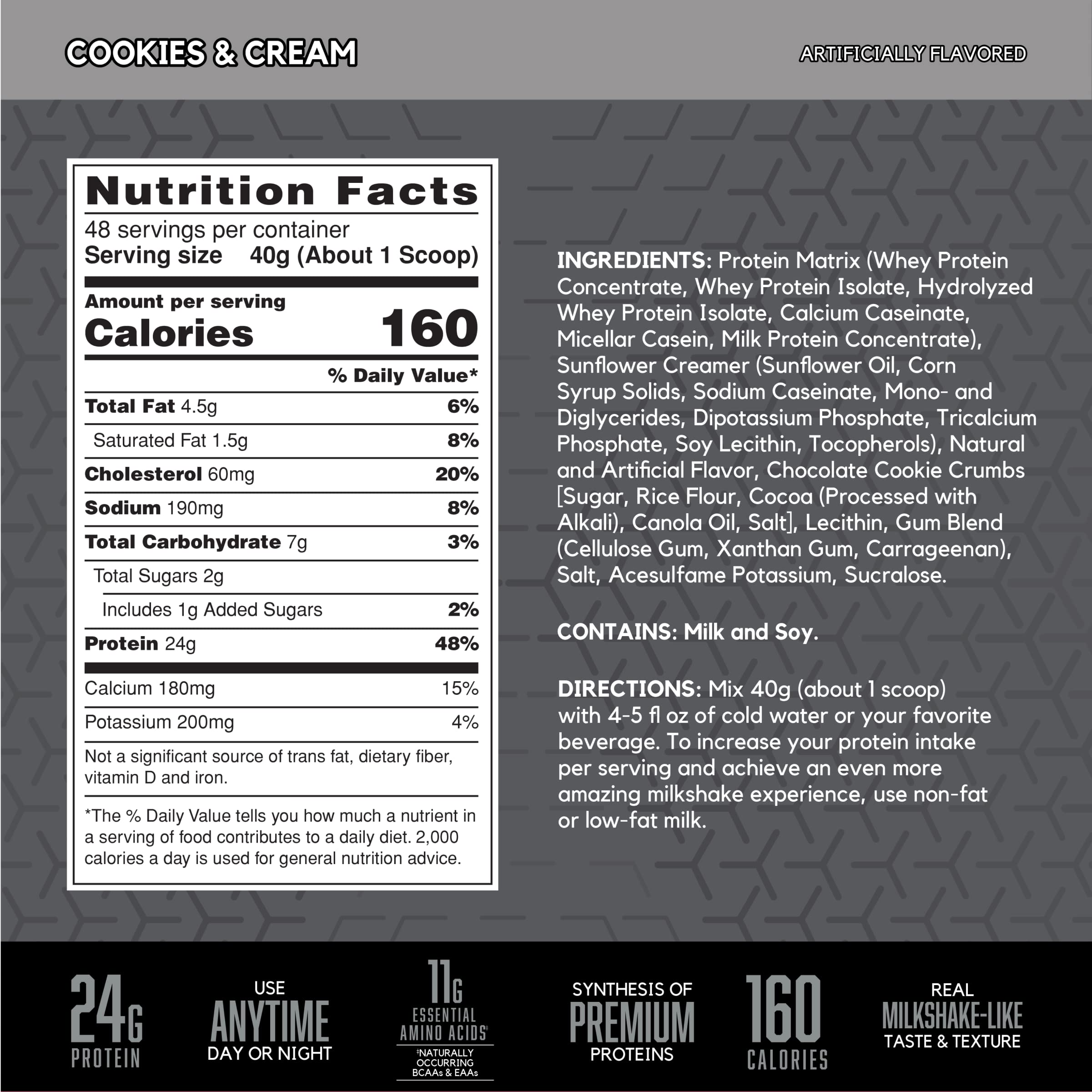 BSN SynthA-6 Edge, etiqueta nutricional con 24 g de proteína por porción.