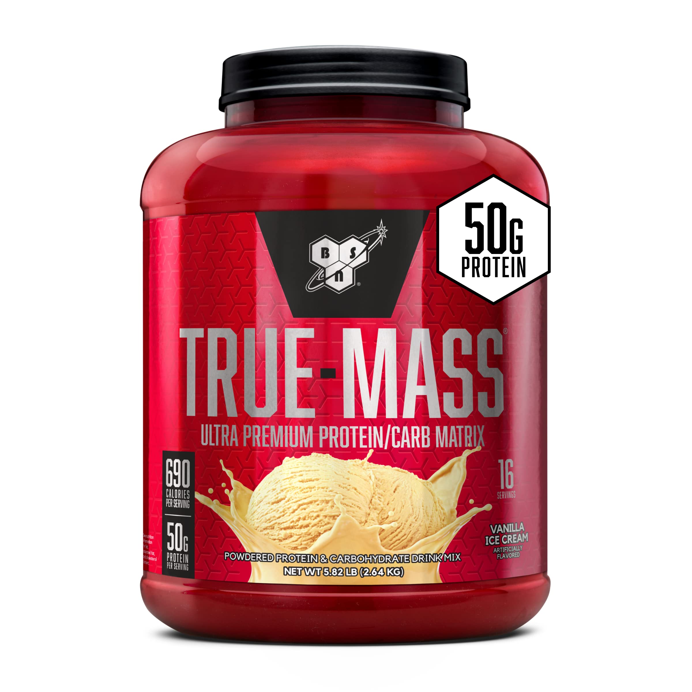BSN TRUE-MASS en bote vainilla helado para apoyo a la ganancia muscular y recuperación.