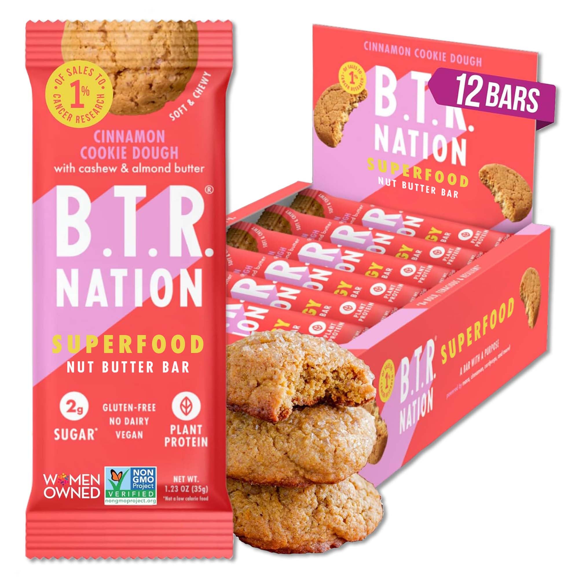 B.T.R. Nation Barra Cetogenica Masa de galleta con canela, empaque práctico para snack en movimiento.