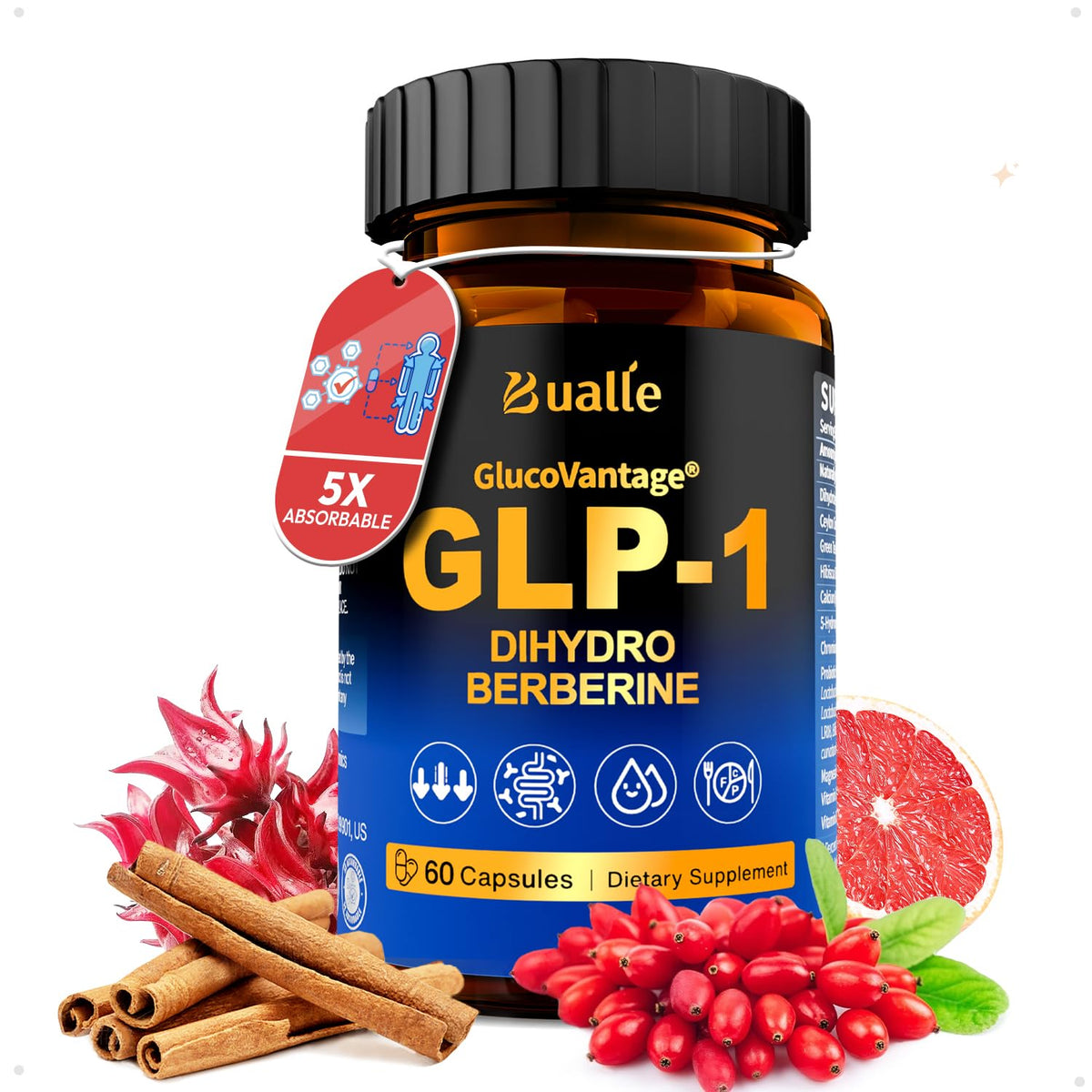 Bualle GlucoVantage DHB, botella con cápsulas para apoyo metabólico diario.