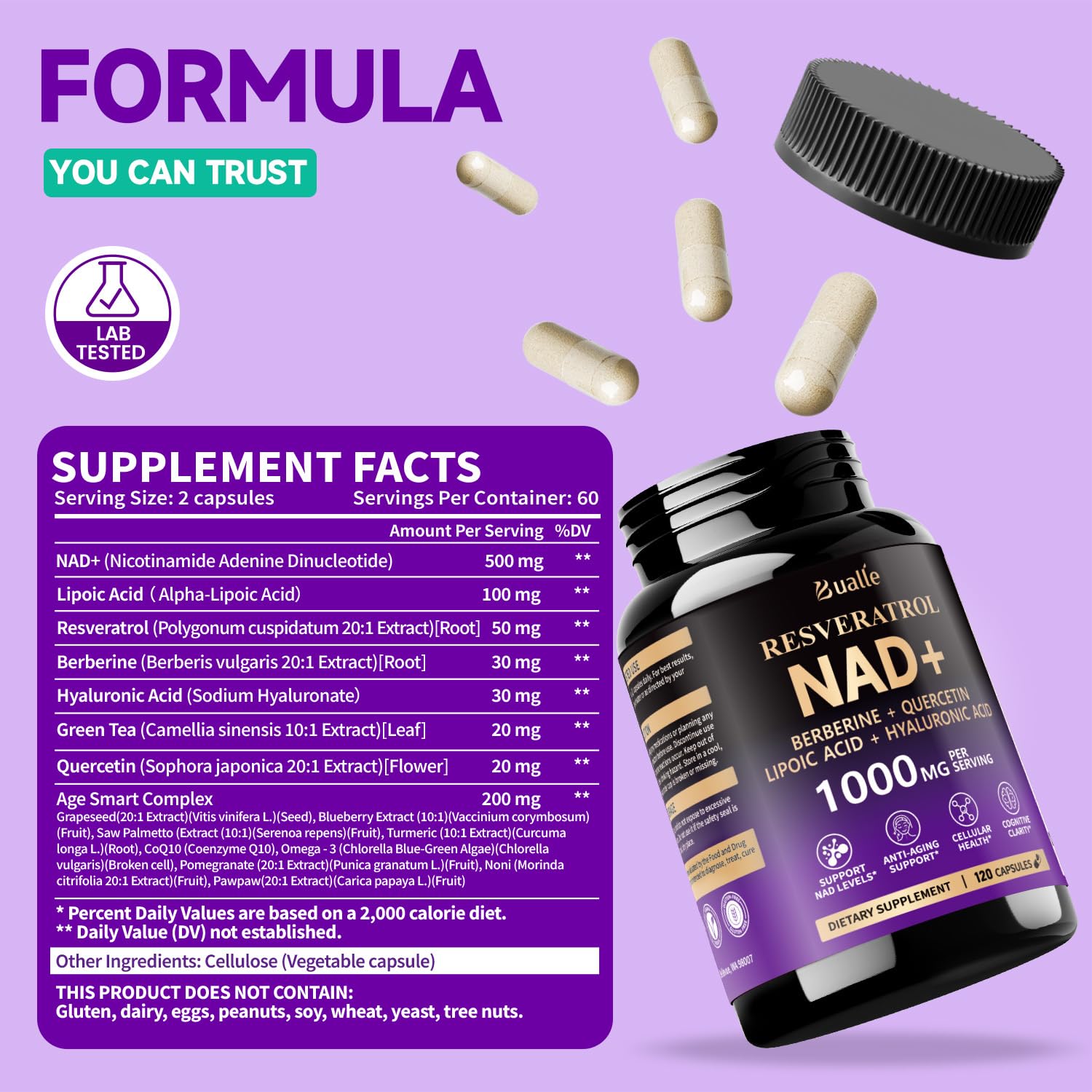 Cápsulas de Bualle NMN con Resveratrol y NAD+ para soporte metabólico diario