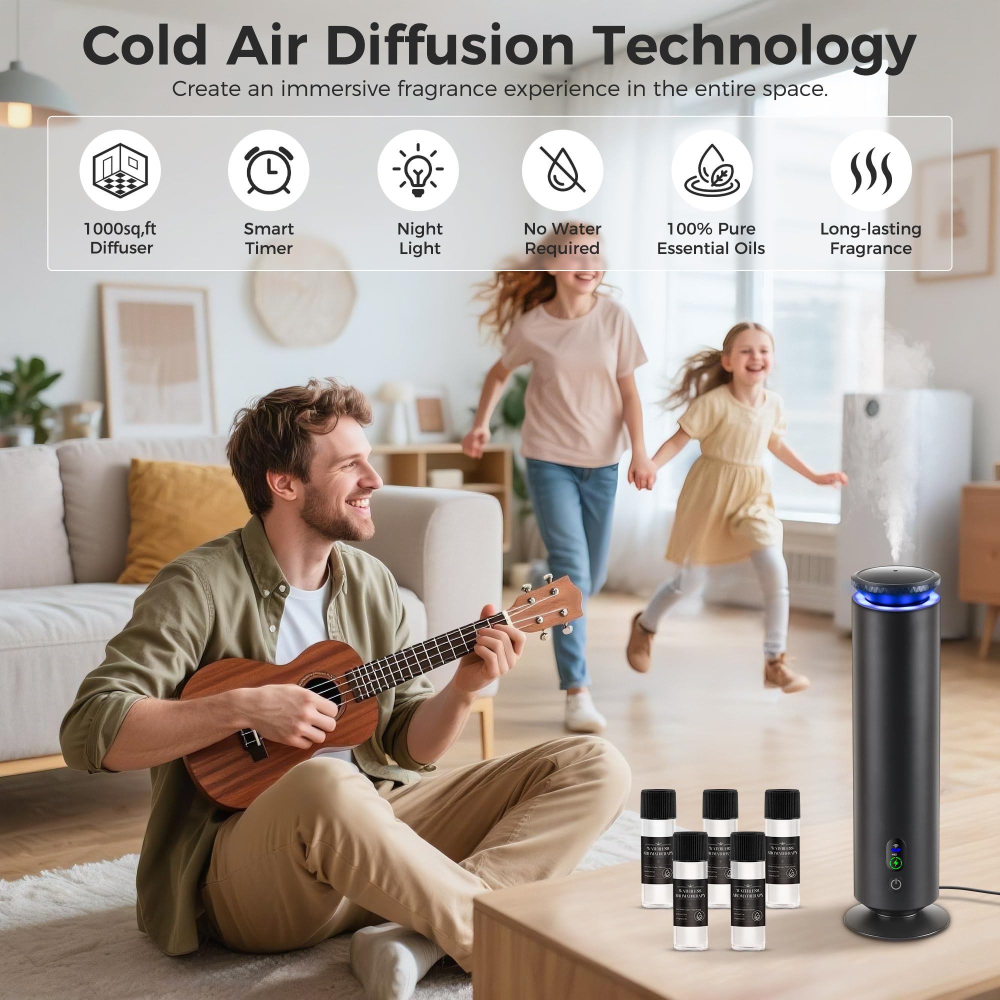 BUBLOC difusor con control remoto para ajustes de aroma y temporizador.
