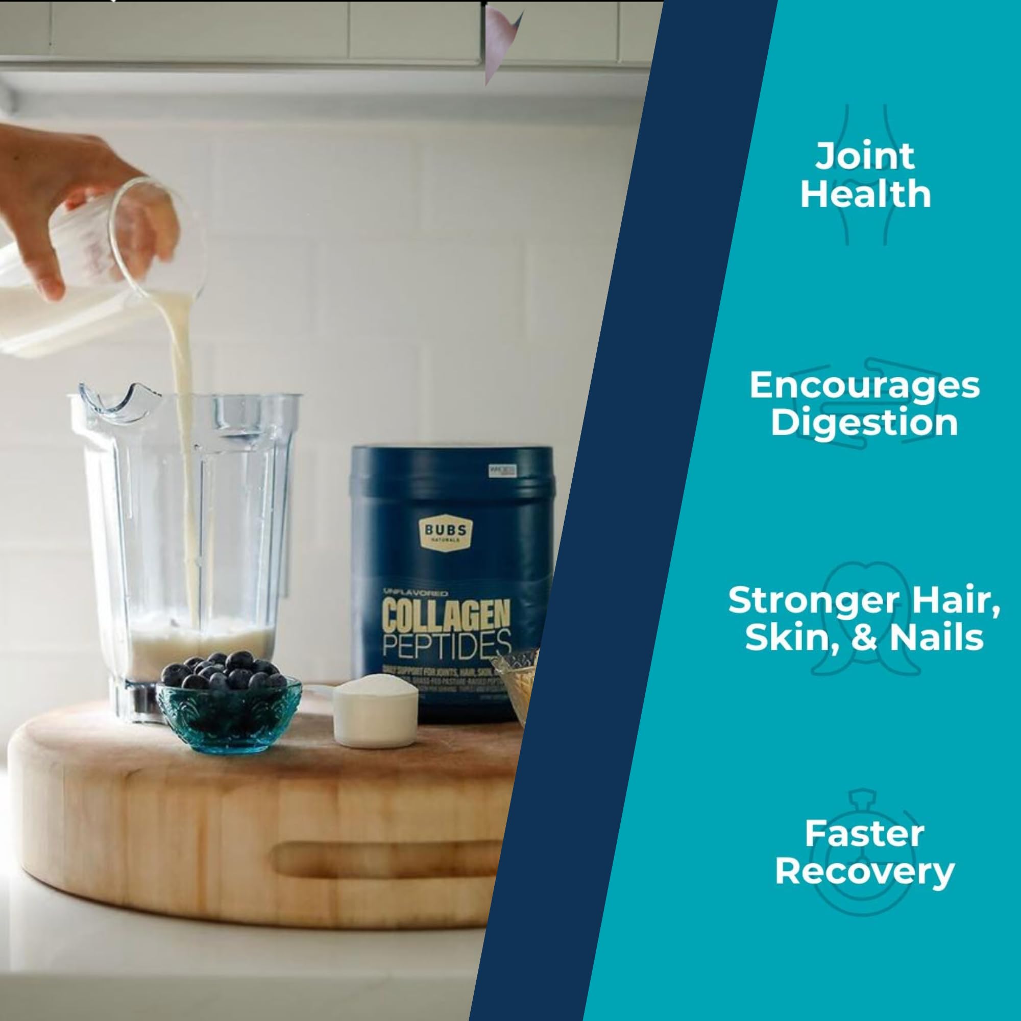 BUBS Naturals Collagen Peptides, en vaso con cucharón para empezar el día