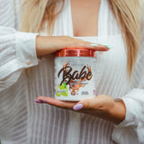 Etiqueta informativa de Babe Preentrenamiento mostrando ingredientes y beneficios.