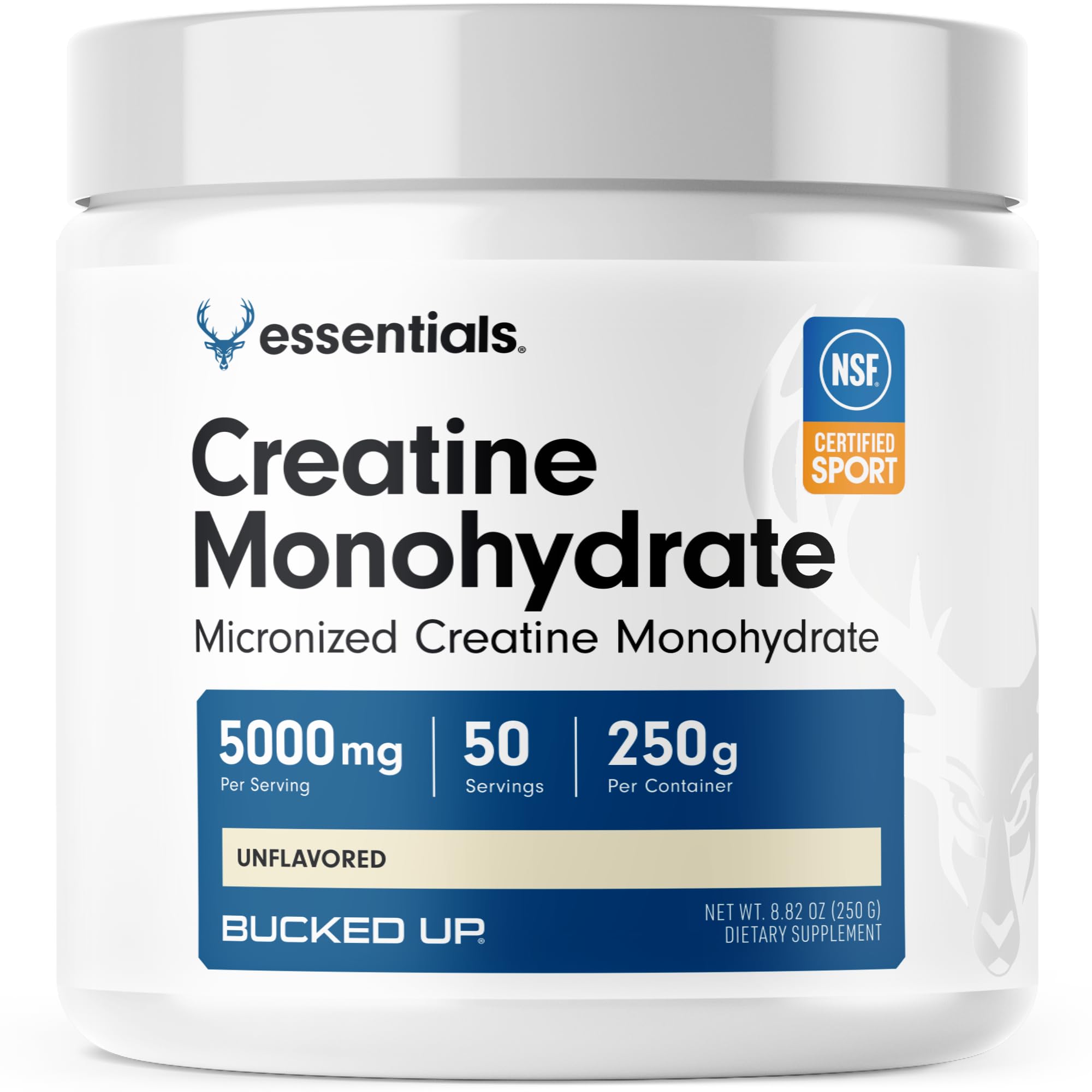 Bucked Up Creatina micronizada sin sabor, frasco de 250 g, fácil de mezclar.