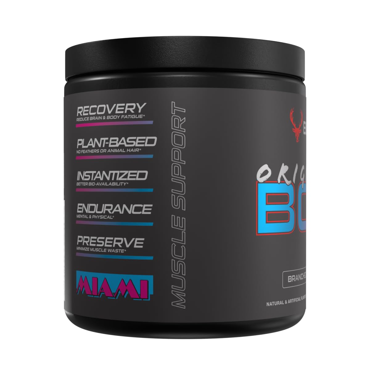 Etiqueta Bucked Up BCAA con detalles de pureza y proporción 2:1:1.
