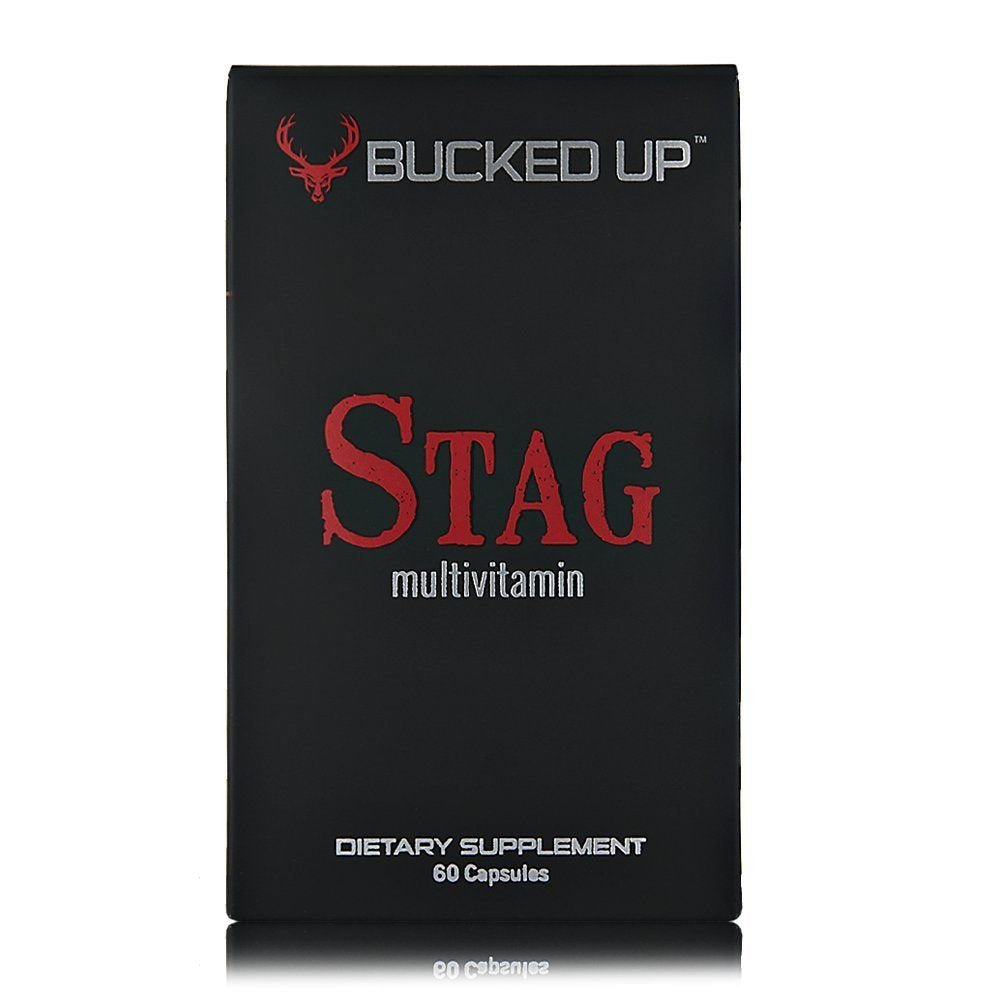 Bucked Up Stag Multivitamin etiqueta-frontal: presentación clara para soporte nutricional masculino.