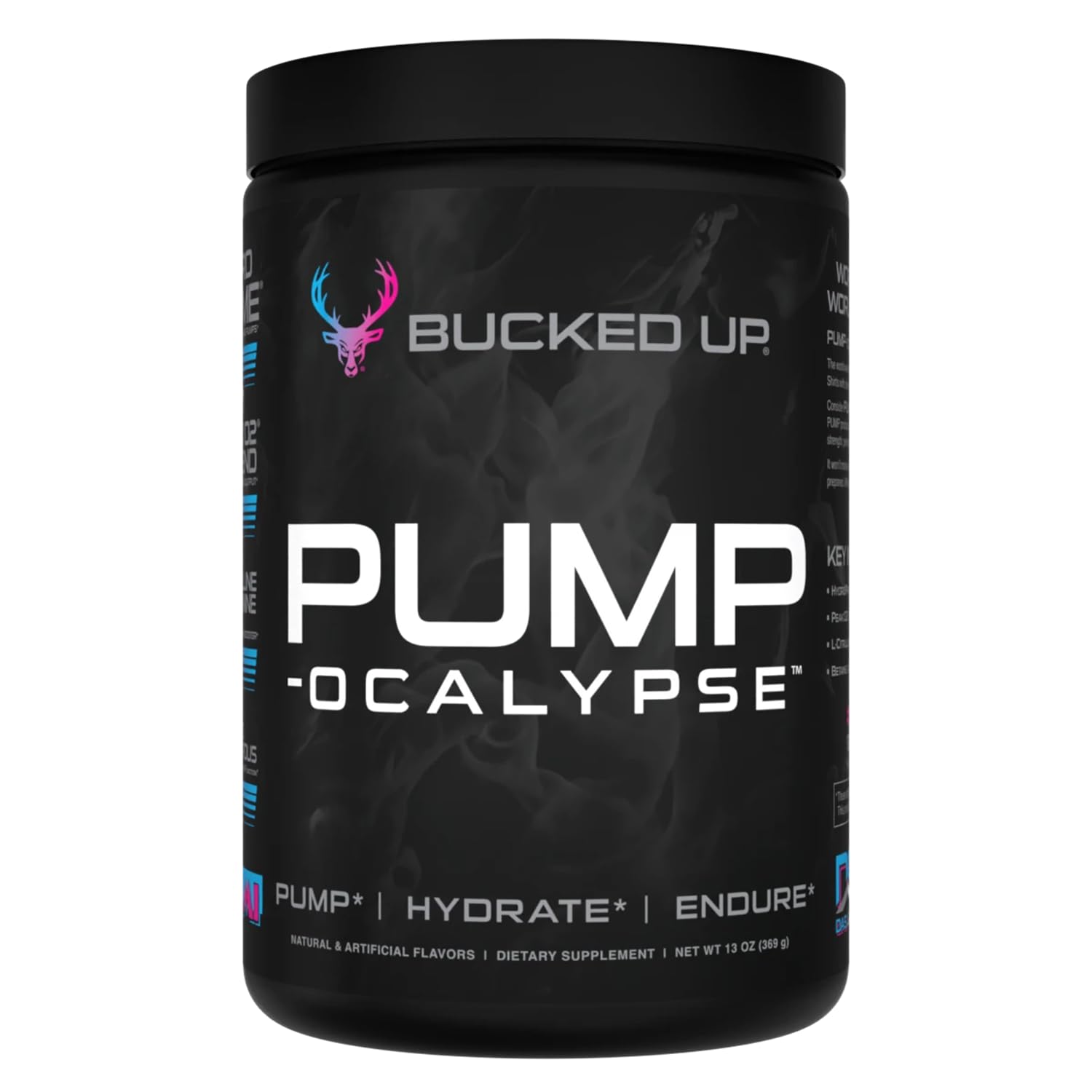 Bucked Up Pump-ocalypse botella en primer plano para mejorar el flujo sanguíneo.