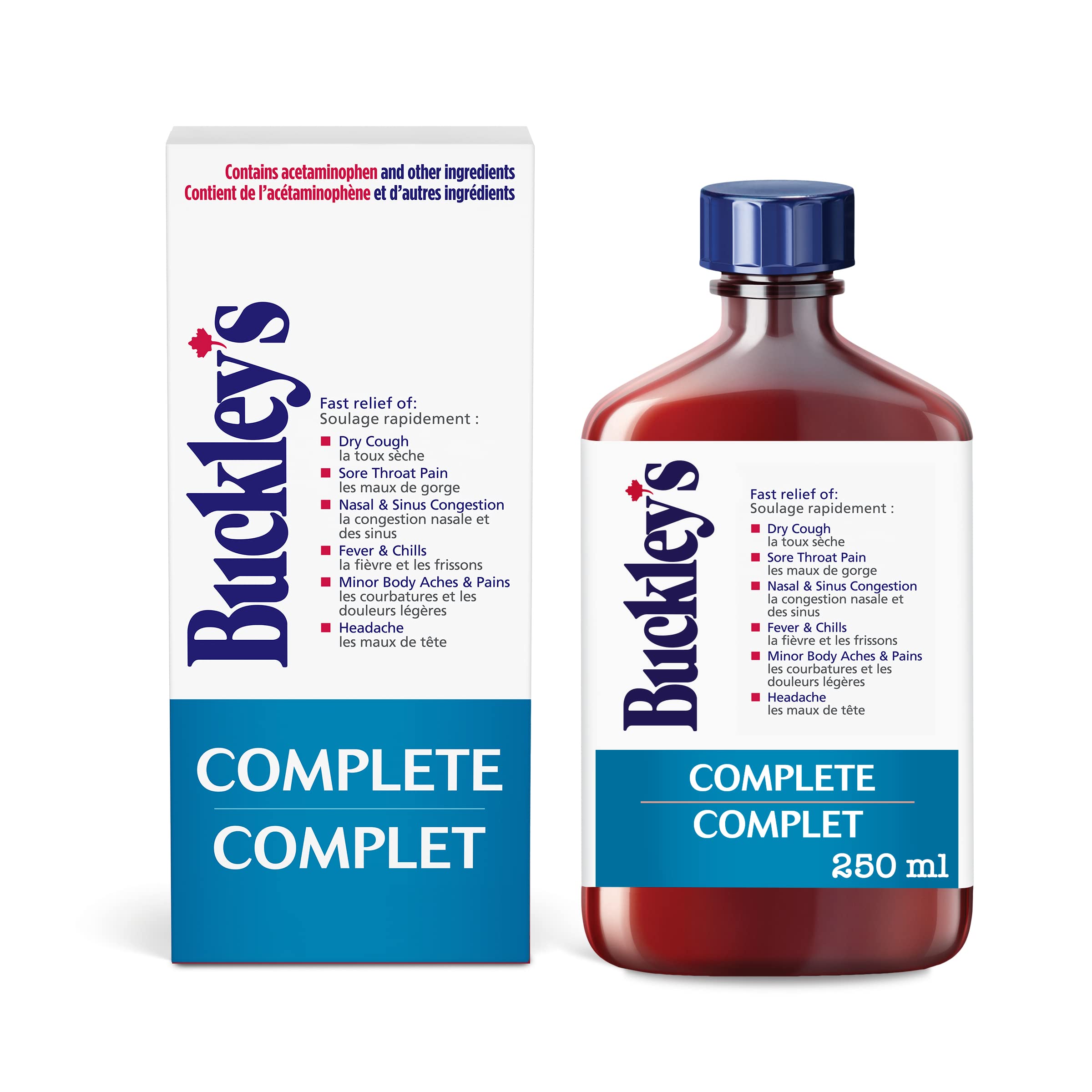 Buckley’s Complete Jarabe, botella vertida, posibles alivios de tos y congestión.
