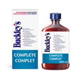 Buckley’s Complete Jarabe, botella vertida, posibles alivios de tos y congestión.