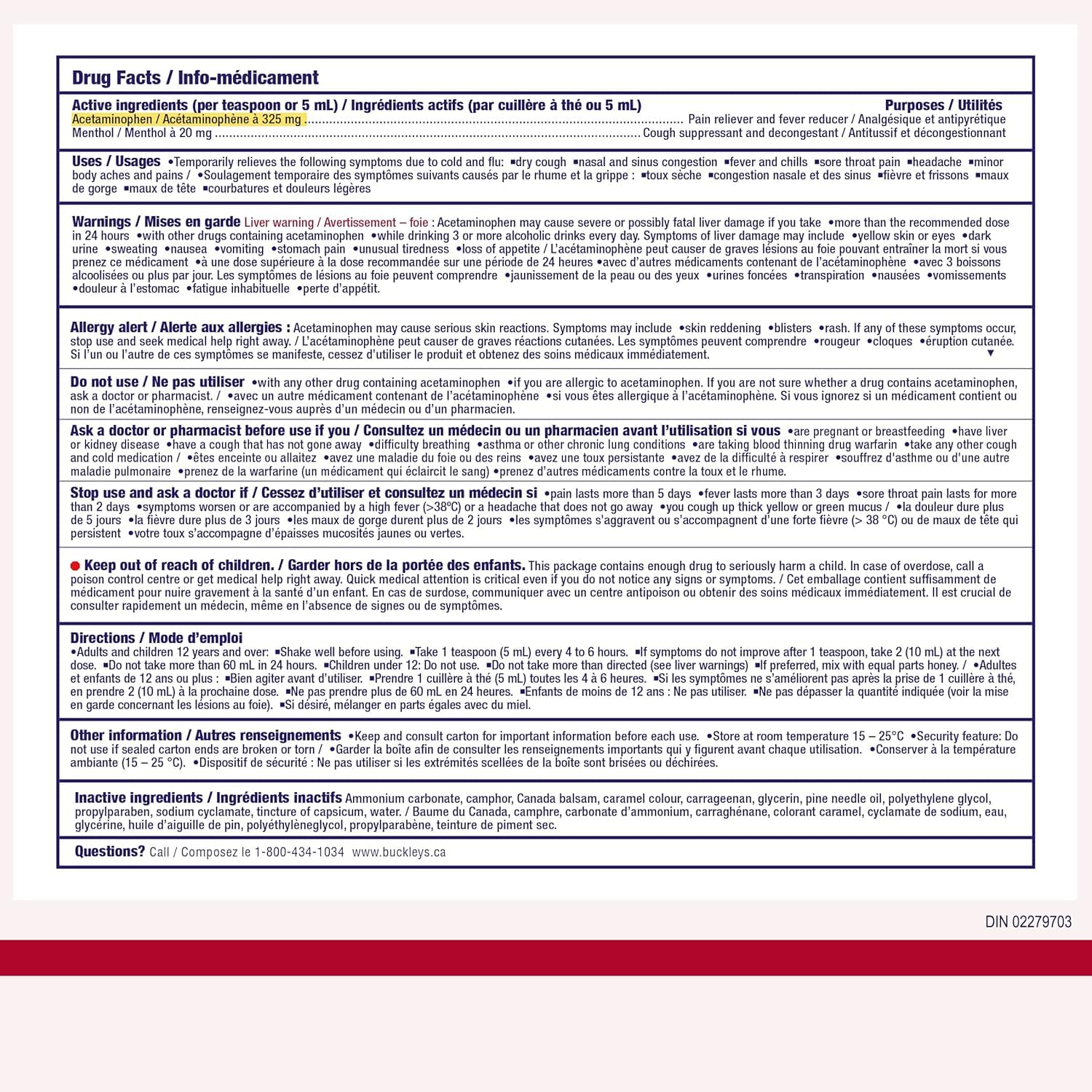 Buckley’s Complete Jarabe, etiqueta cerca, información de uso y beneficios potenciales.