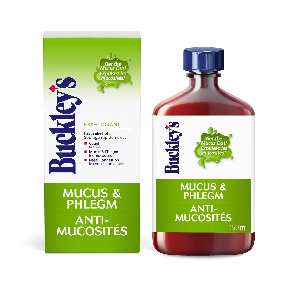 Buckley’s Expectorante, botella, posible alivio de tos y flema.