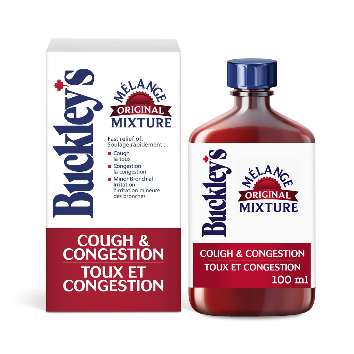 Buckley's Original Mixture Syrup en botella de 100 ml para tos y congestión.