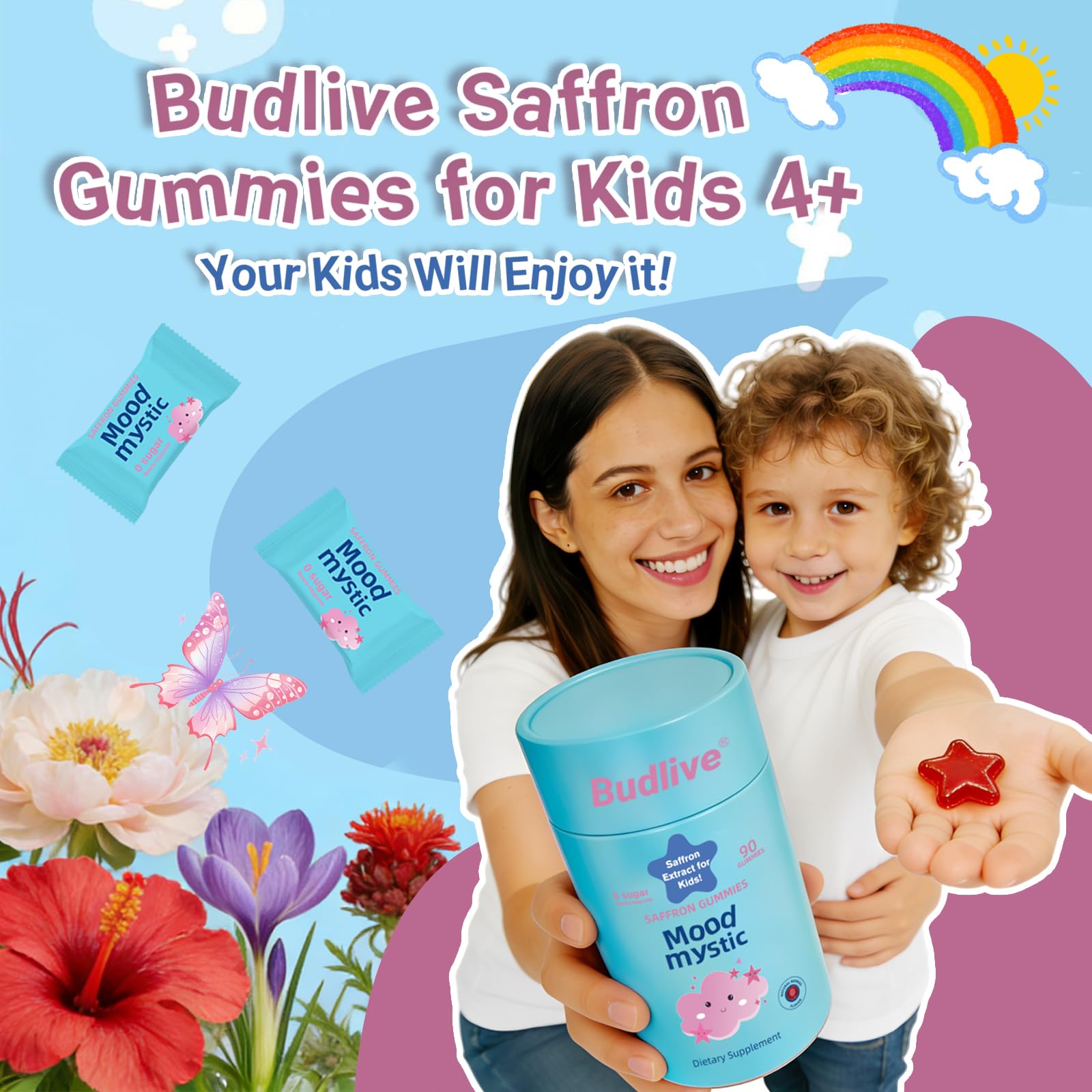 BudLive gominolas de azafrán con etiqueta natural, opción segura para niños.