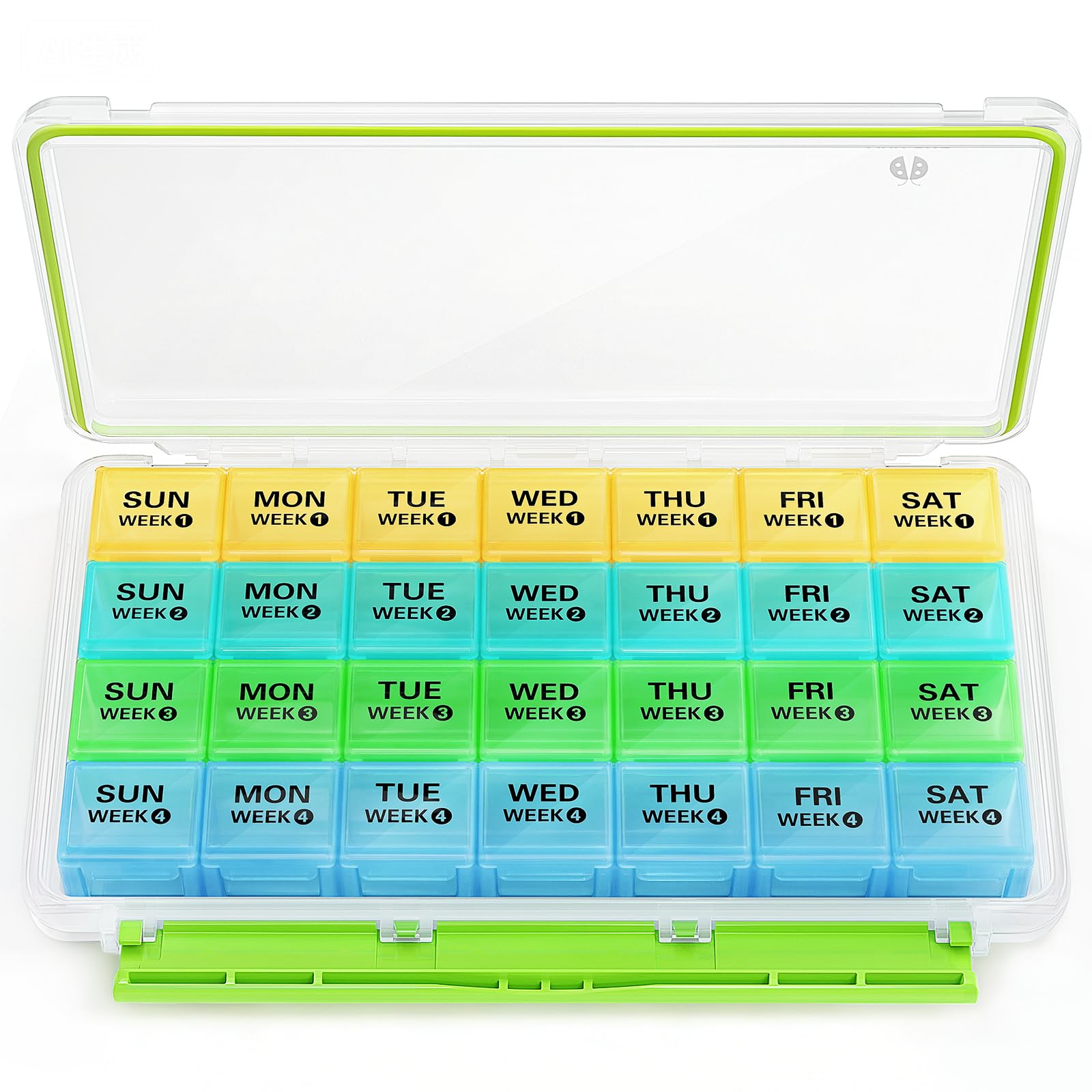 BUG HULL organizador mensual de pastillas con gran capacidad para 28 días.