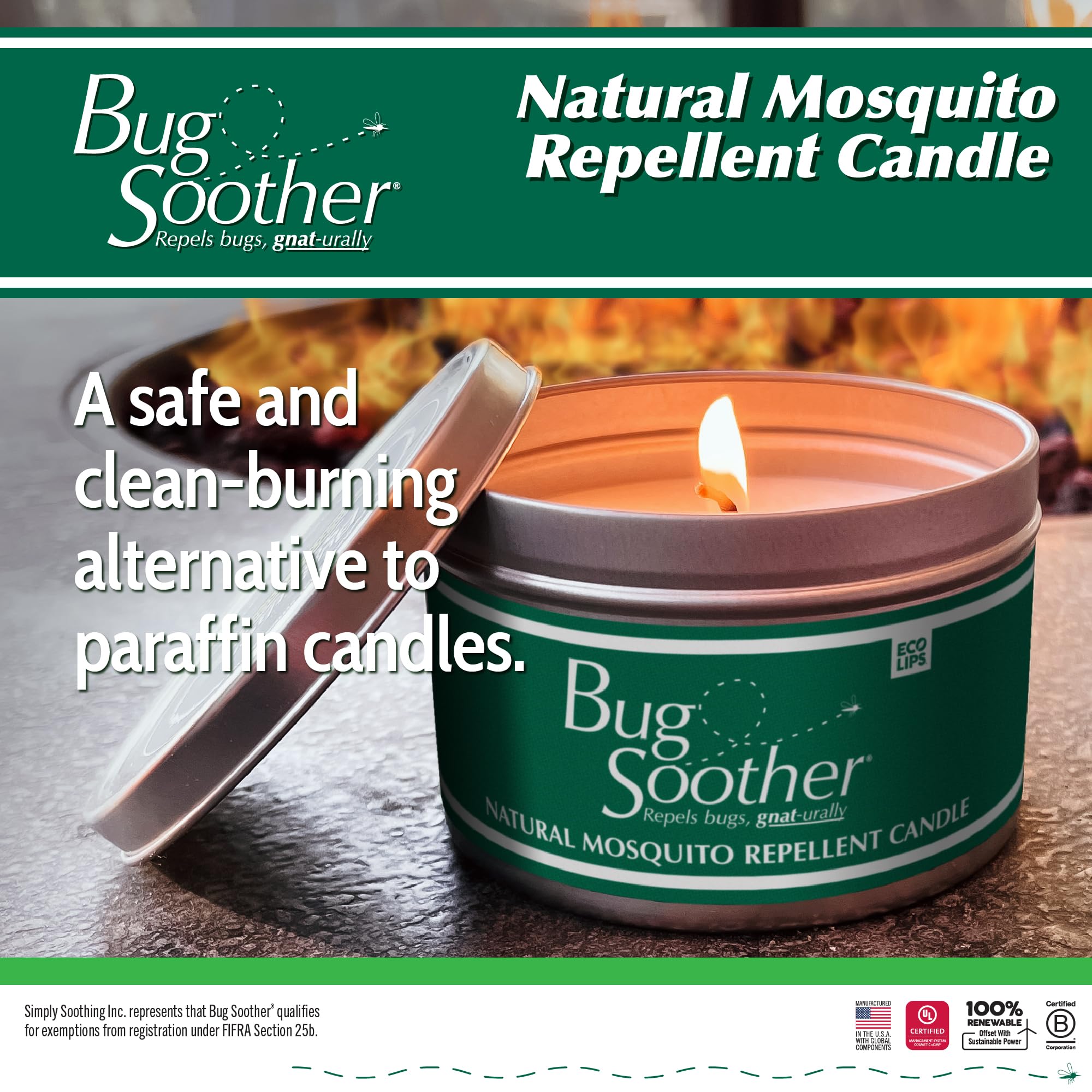 Vela Bug Soother para patio nocturno, aroma agradable y protección contra insectos.