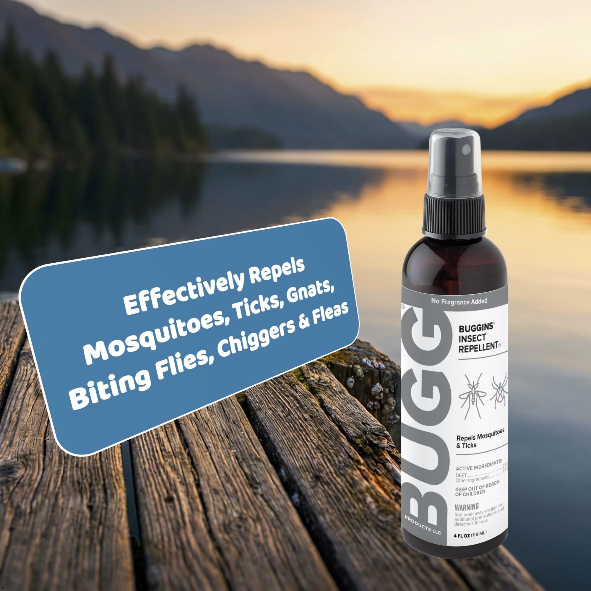 BUGGINS IV etiqueta 25% DEET para protección contra insectos.
