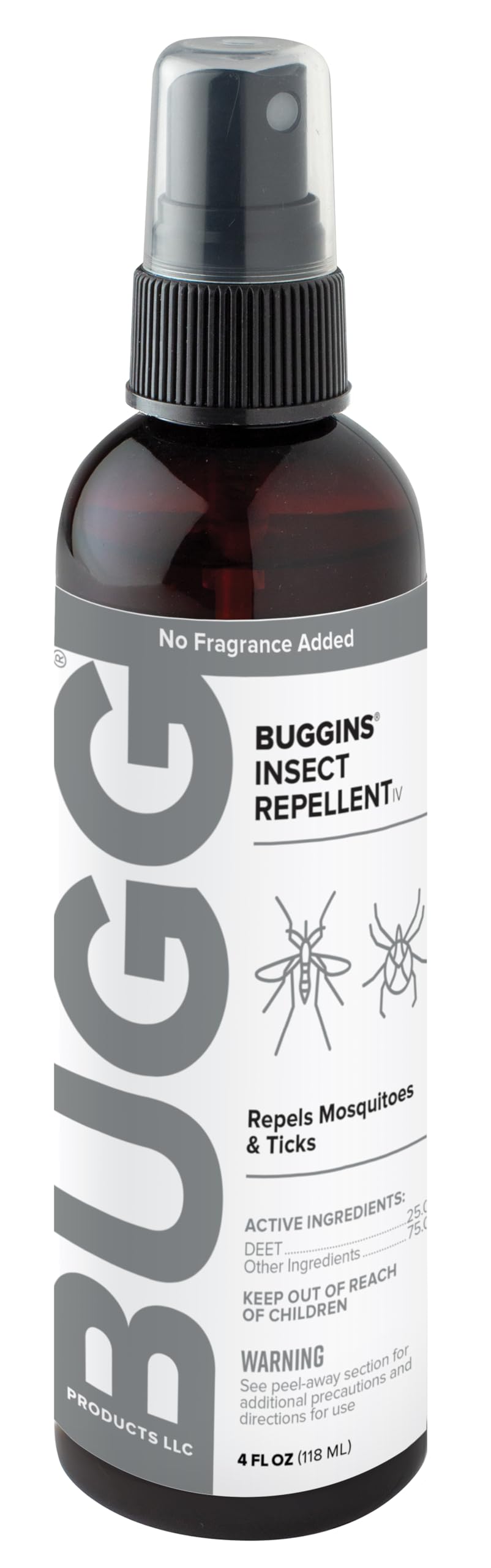 BUGGINS IV repelente sin fragancia en frasco de 4 onzas para uso al aire libre.