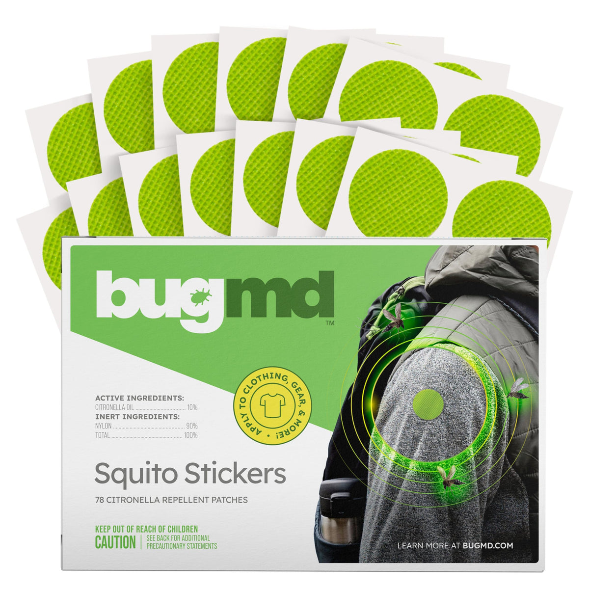 BugMD Squito Stickers en ropa: protección portátil sin contacto con la piel.