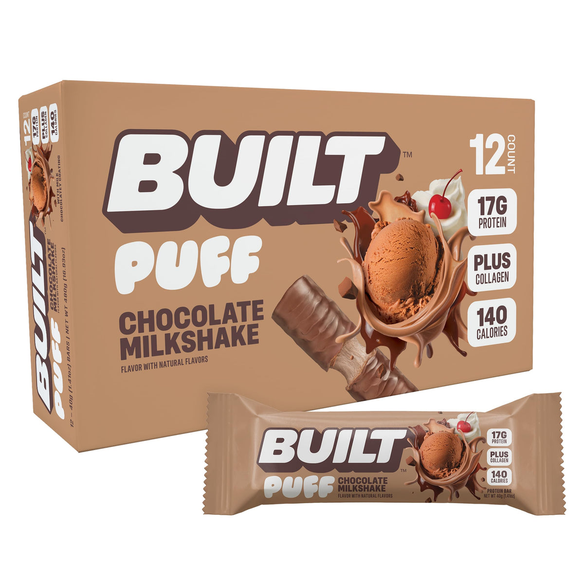 Barra BUILT BAR PUFF chocolate batido, proteína de alta calidad para energía diaria.