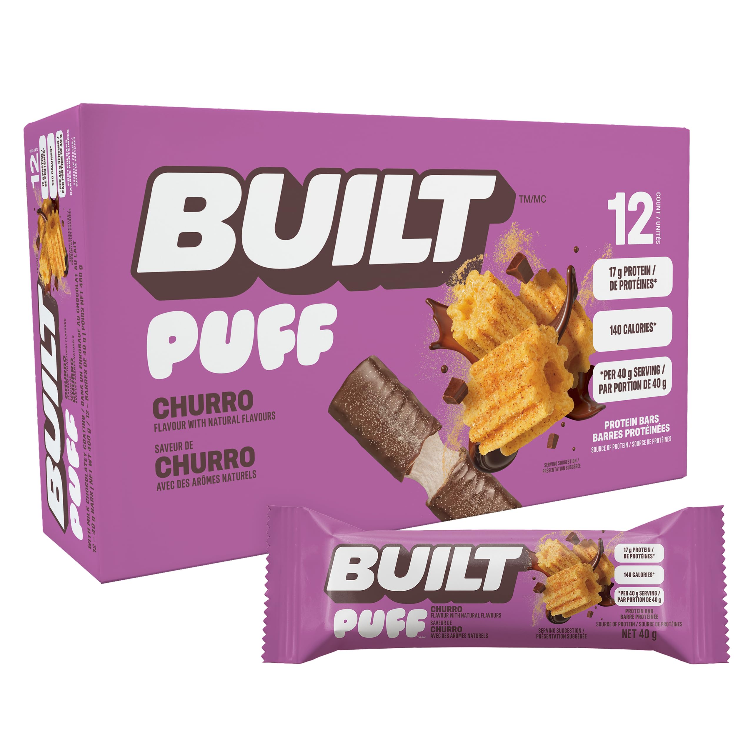 BUILT Bar Puff Churro: empaque práctico para llevar, snack proteico conveniente.