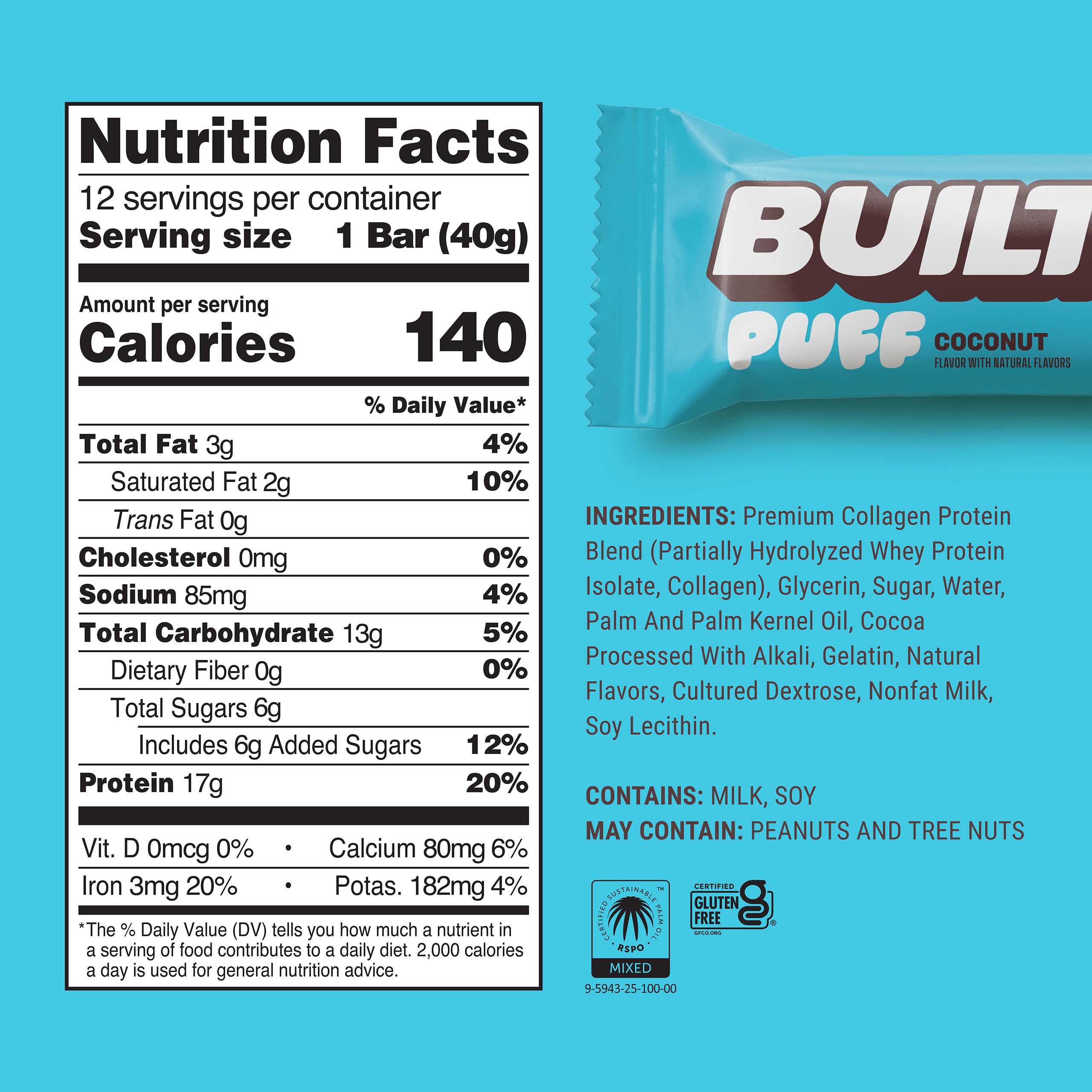 Built Bar Puff etiqueta nutricional, muestra 17 g de proteína por porción
