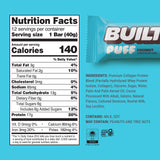 Built Bar Puff etiqueta nutricional, muestra 17 g de proteína por porción