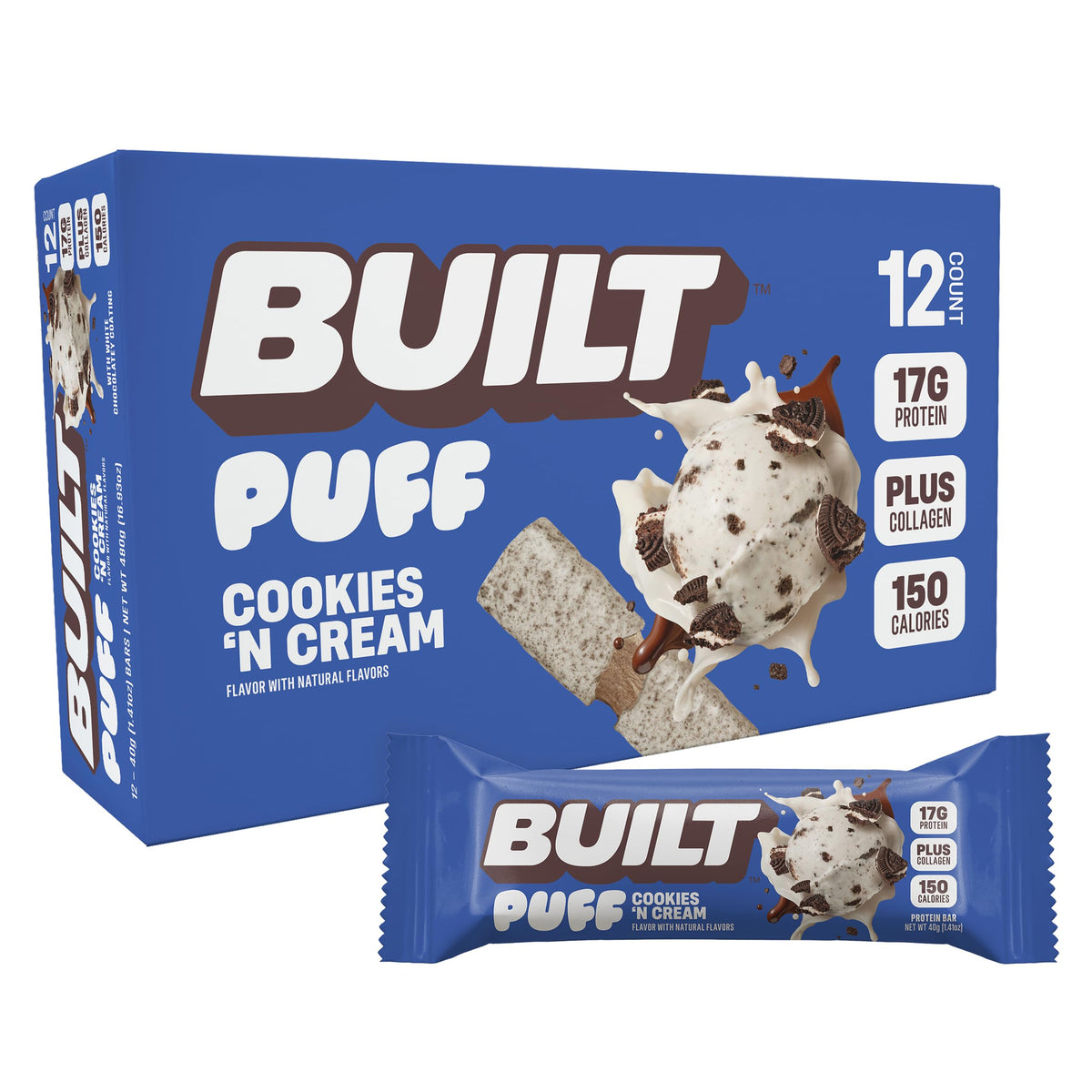 BUILT Bar Puff galleta crema: snack proteico para energía durante el entrenamiento.
