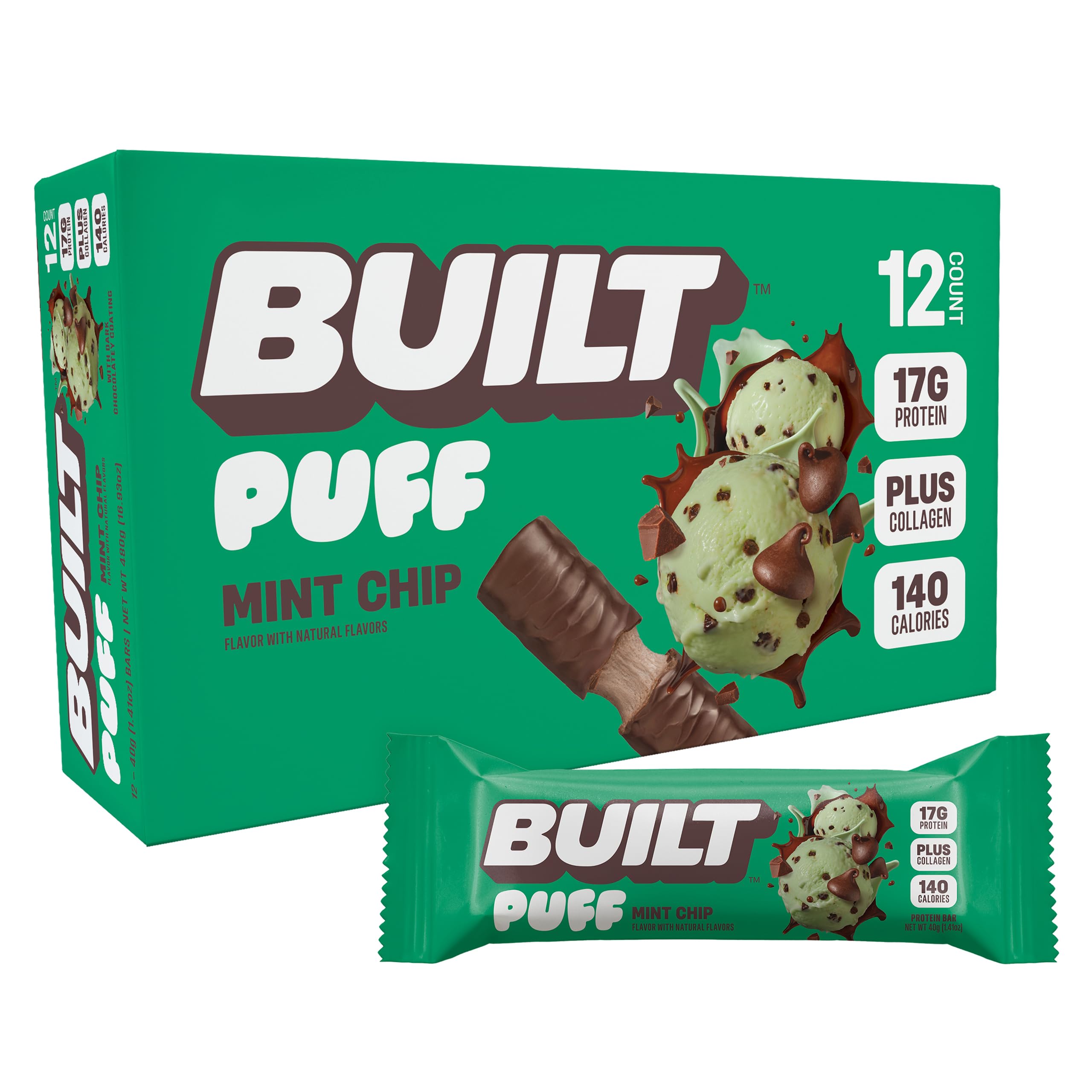 Built Bar Puff Menta con Chispas: barra proteica para energía diaria.