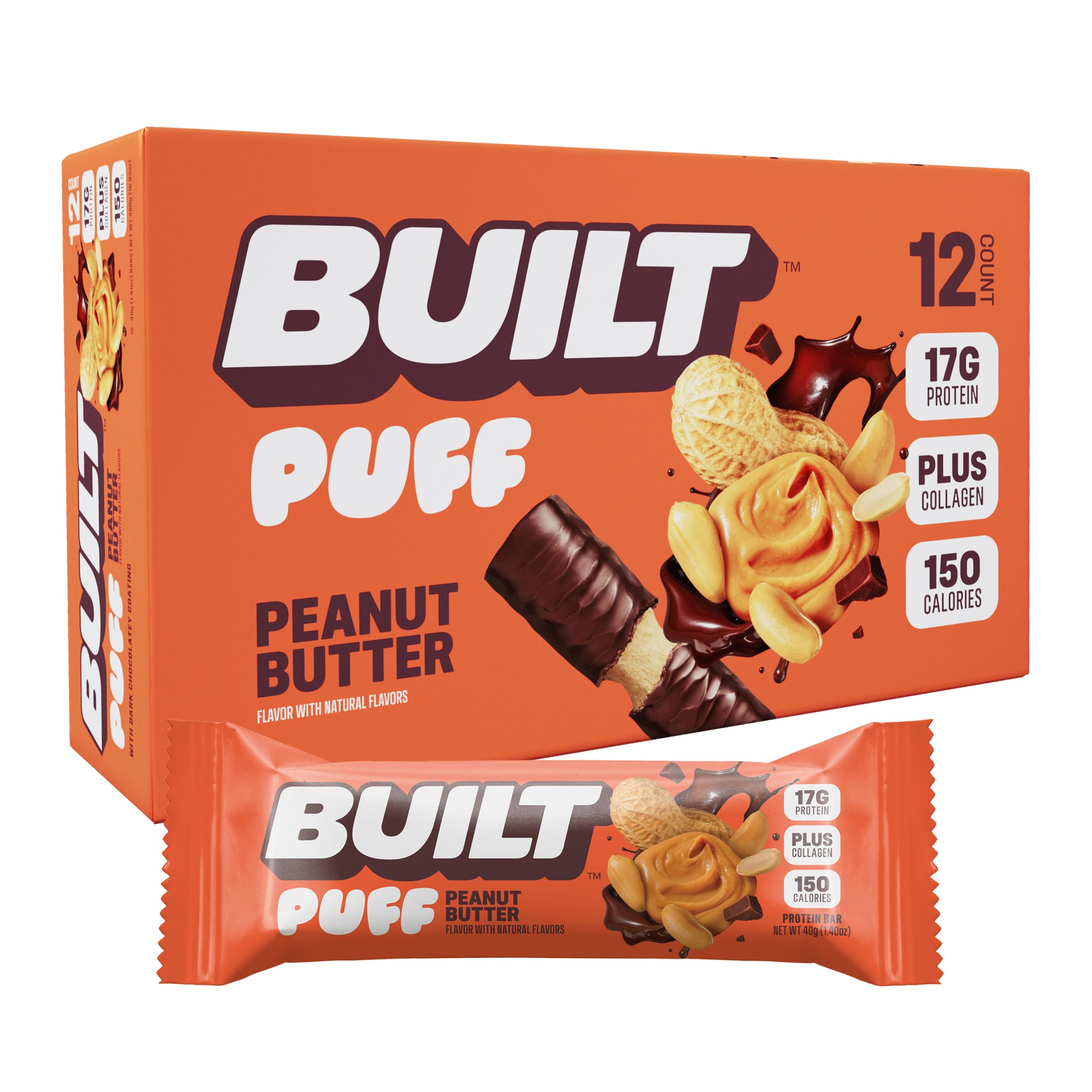 Built Bar Puffs barrita mantequilla de maní textura esponjosa para snack previo entrenamiento.