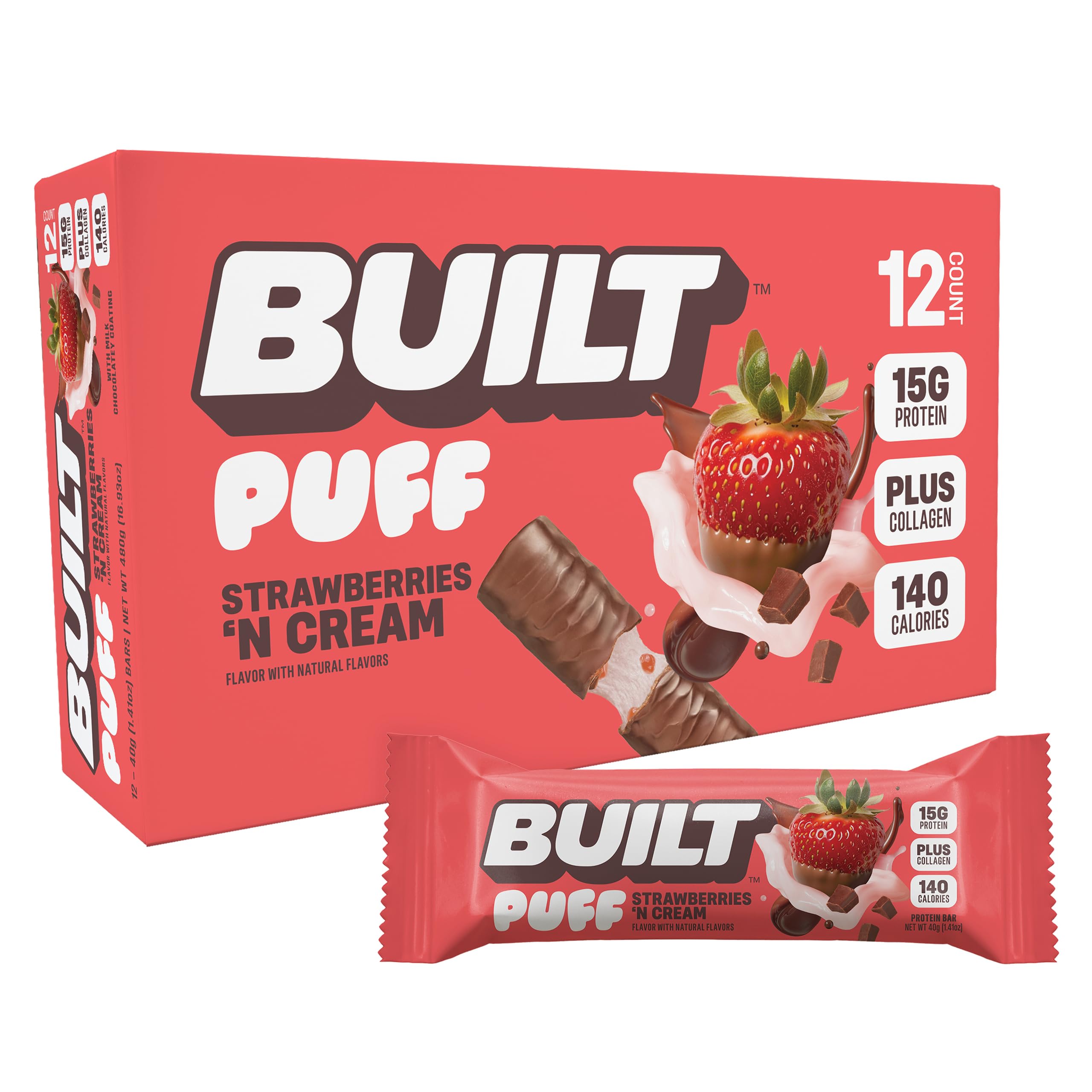 Built Bar Puffs fresas crema, merienda proteica deliciosa para después del entrenamiento