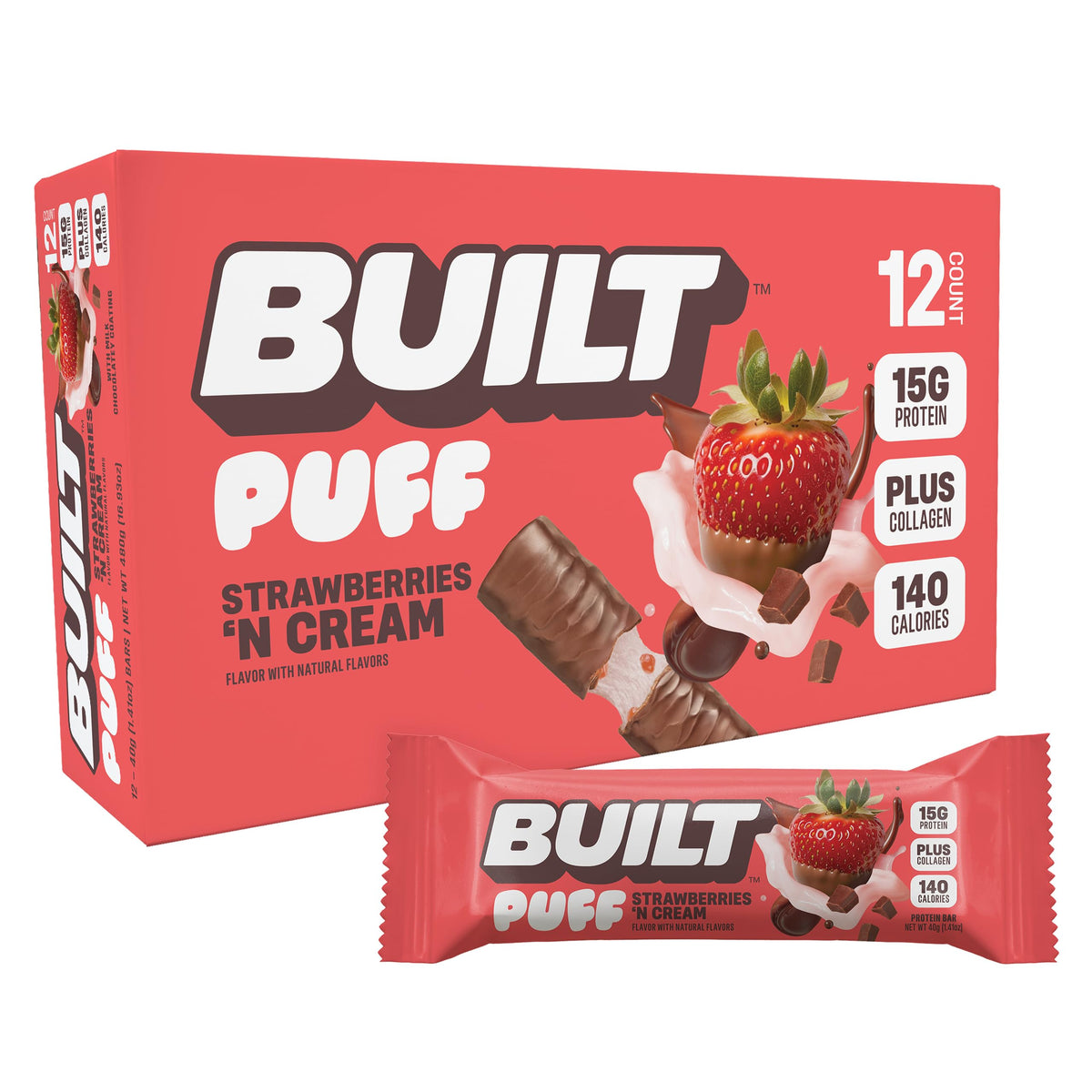 Built Bar Puffs fresas crema, merienda proteica deliciosa para después del entrenamiento
