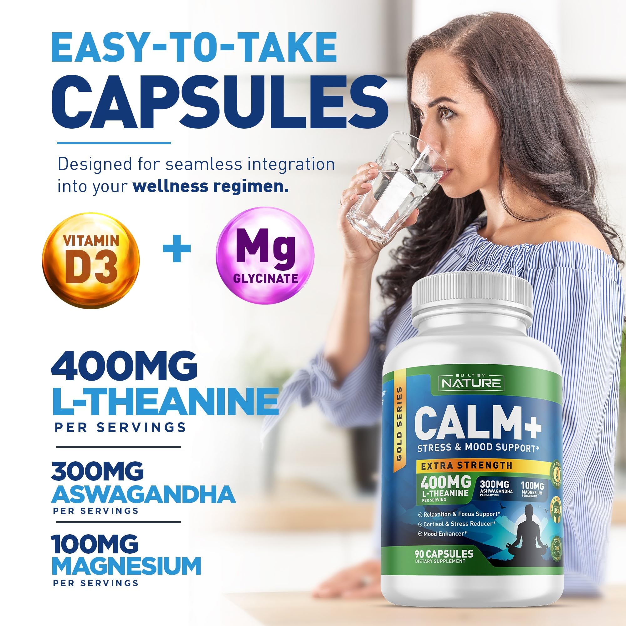 Built by Nature Calm+ ingredientes clave destacando L-Theanine y Magnesio