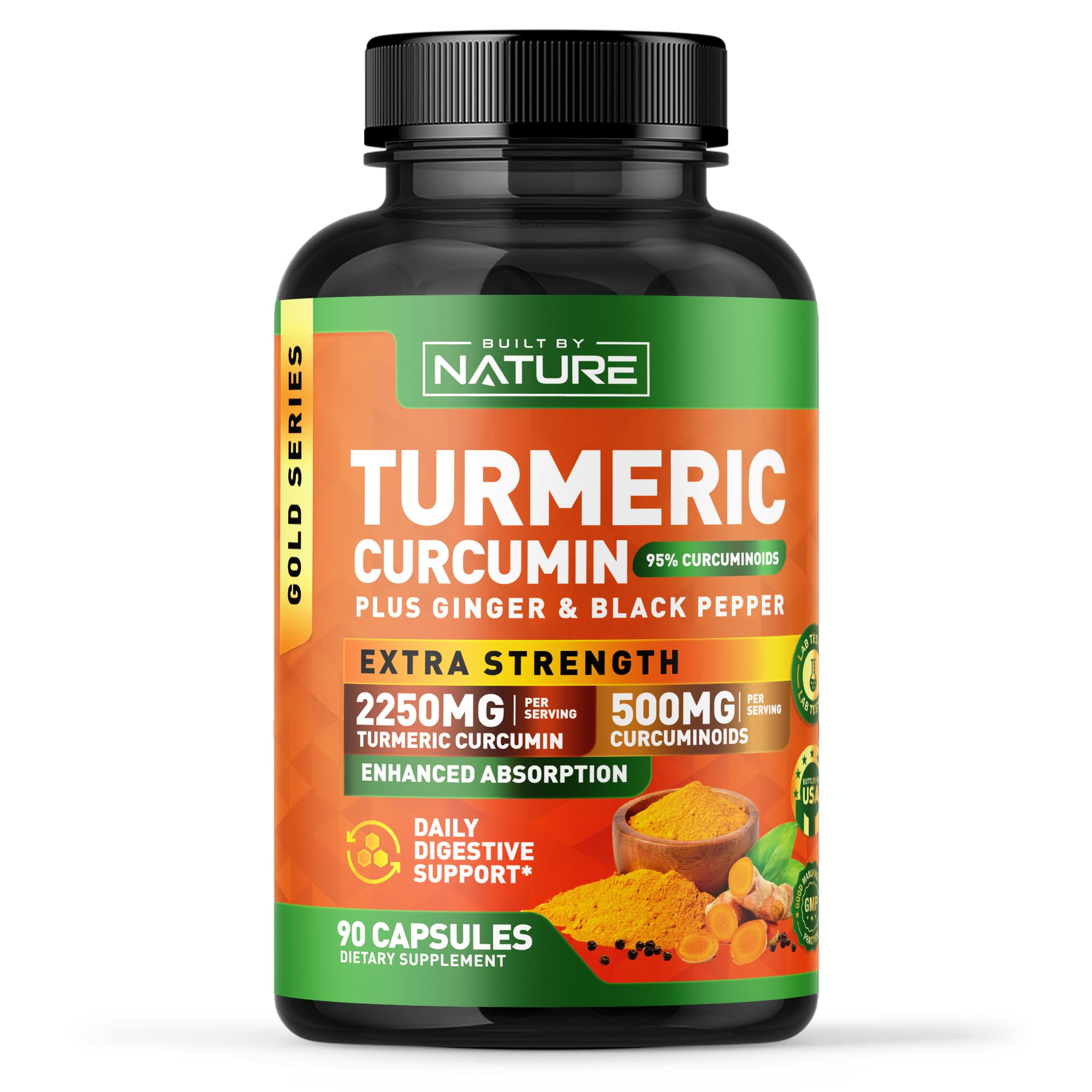 Built by Nature, frente del bote de cúrcuma con curcuminoides de alta potencia para uso diario