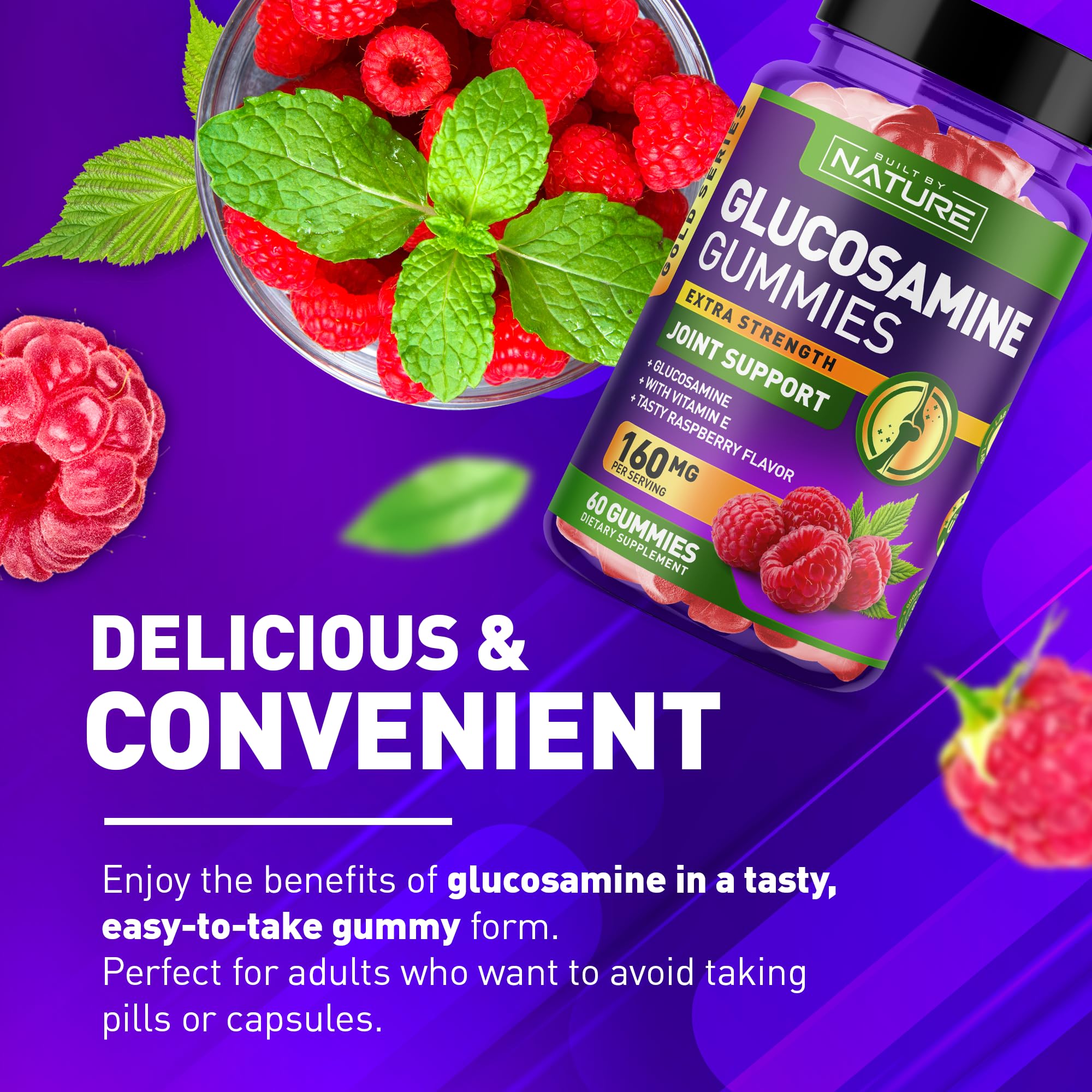 Etiqueta sin OGM de Built by Nature, glucosamina gomitas para uso diario limpio y práctico