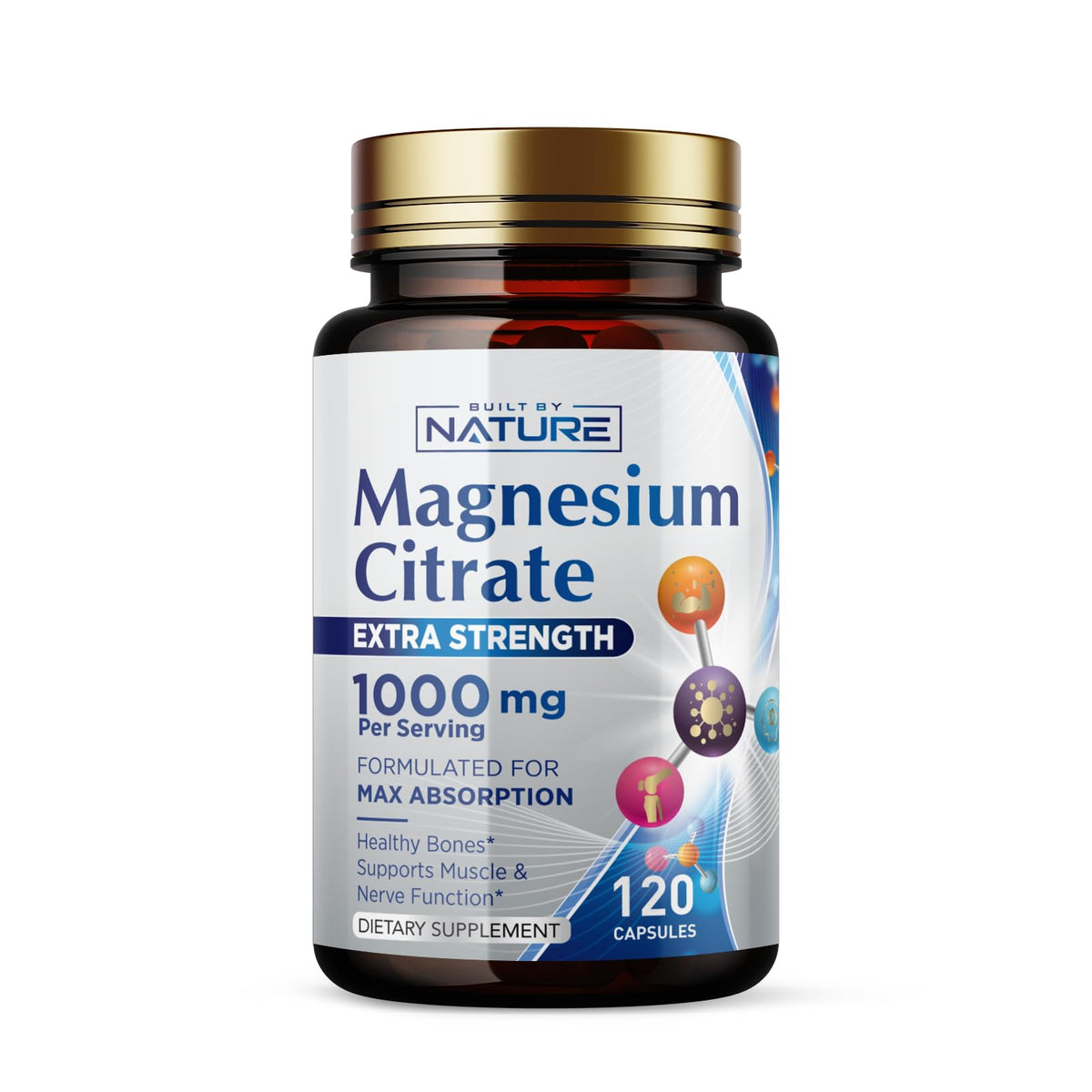Built By Nature Magnesio Citrato 1000mg en botella, apoya la salud cardíaca.