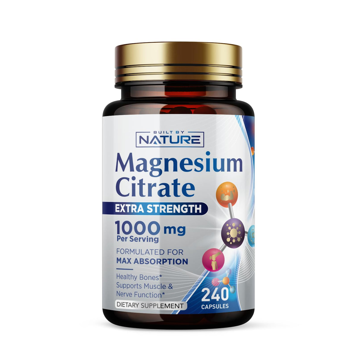 Built by Nature Magnesio Citrato 1000mg en botella, toma fácil para la rutina diaria.