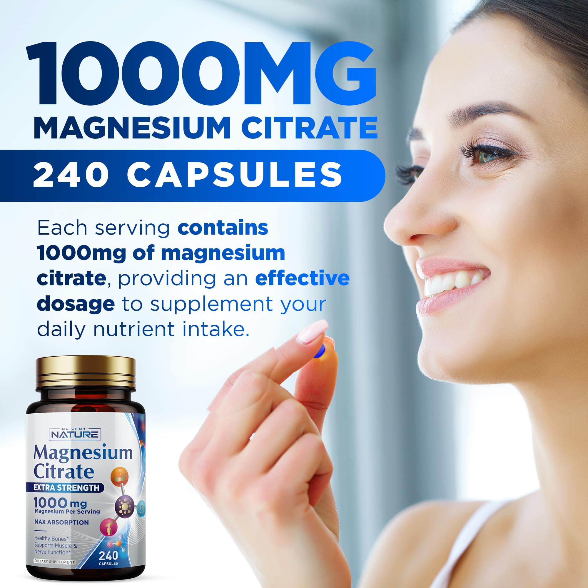 Built by Nature Magnesio Citrato 1000mg etiqueta de frasco, información clara y detallada.