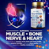Built By Nature Magnesio Citrato 1000mg etiqueta frontal, apoyo a la salud ósea y nerviosa.